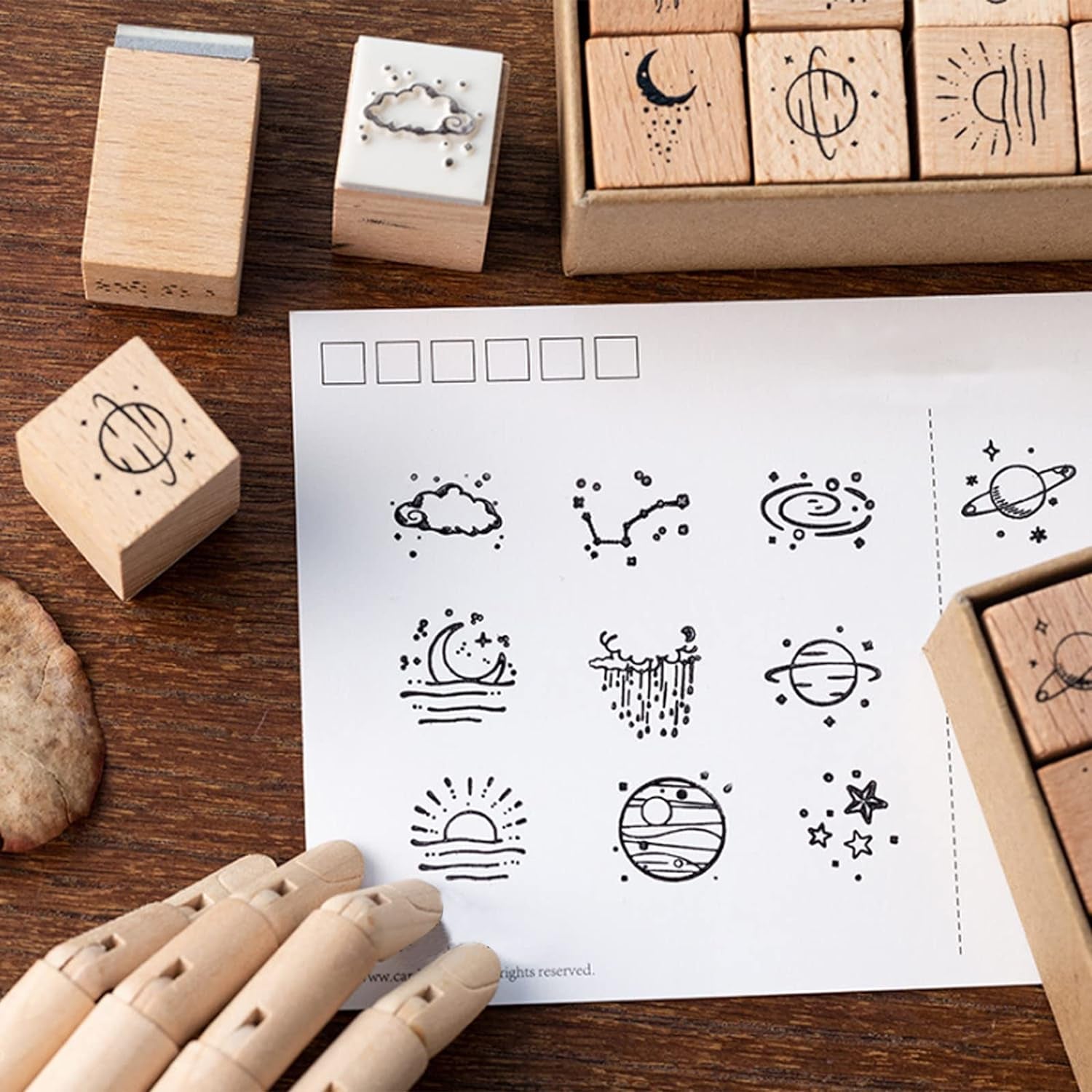 32 Pieces Wooden Rubber Stamp Set, Moon Star Botanical Decorative Wood Stamps for Journal, Diary, Scrapbook, Planner, Letter, DIY Craft, Card Making