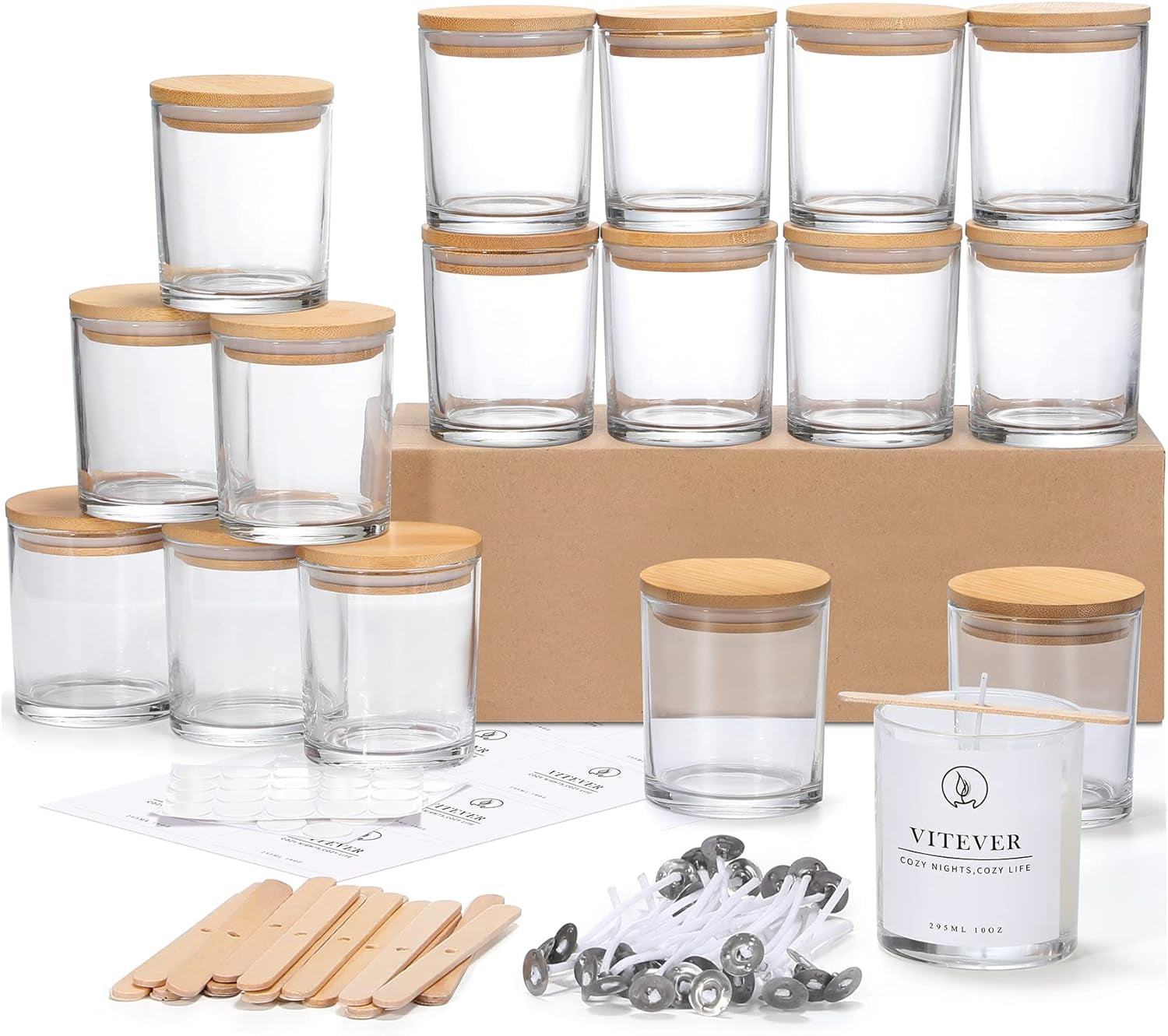 16 Pack, 10 OZ Thick Glass Candle Jars with Bamboo Lids and Candle Wick Kit - Bulk Clear Empty Glass Candle Jars for Making Candles - Spice, Powder Containers
