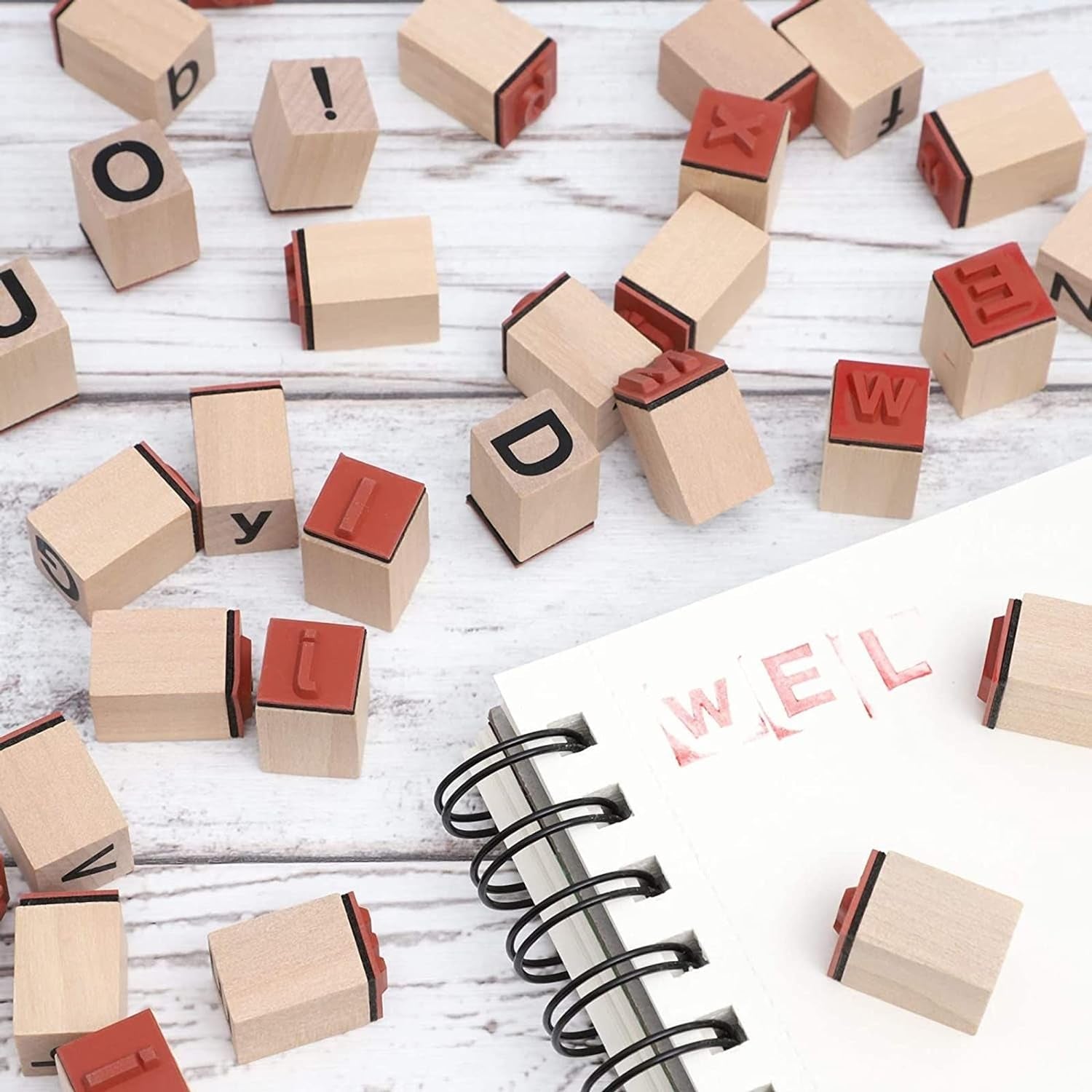 60-Piece Wood Alphabet Stamp Set, Upper and Lowercase Letters with Symbols, Rubber Stamps, DIY Projects, Arts and Crafts, Scrapbooking, Classroom, Games