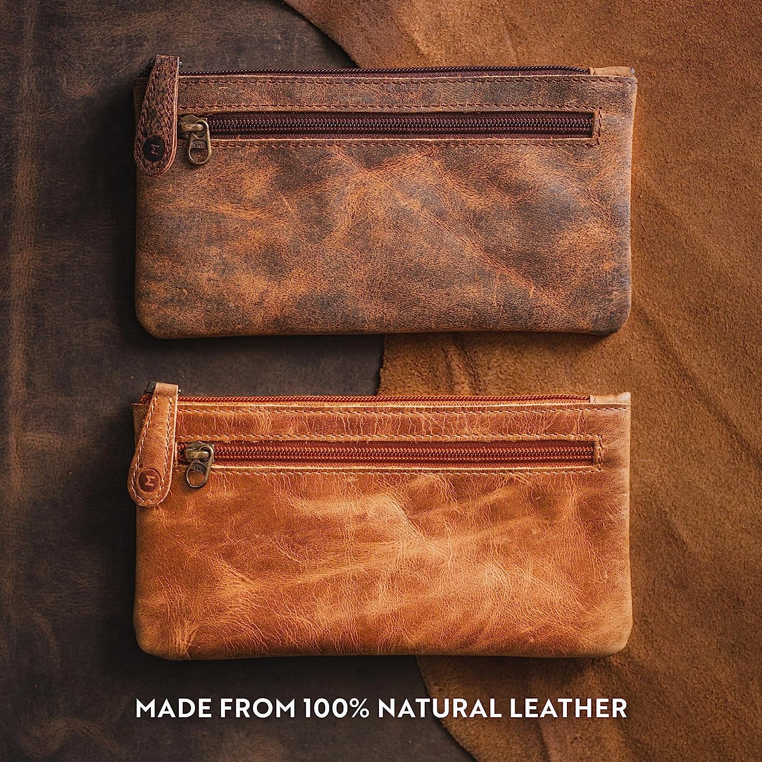 Leather Pencil Case Pouch 8&quot; X 4&quot; Handcrafted Leather Pen Case with Zipper - Elegant &amp; Practical Brown Leather Pencil Pouch with Side Pouches - Pencil Pouch Leather