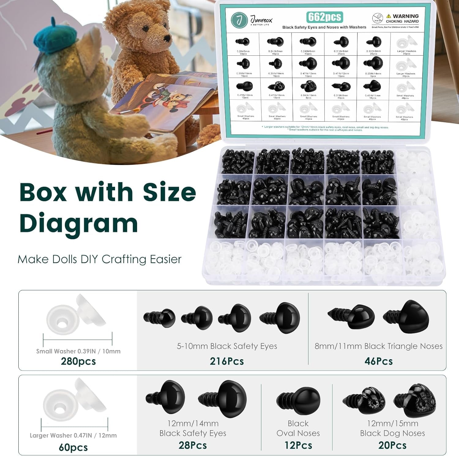 662Pcs Safety Eyes and Noses for Amigurumi,  Preimum Safety Eyes for Crochet Stuffed Animals, 5-14Mm Assorted Plastic Crochet Craft Eyes with Washers for Teddy Bear, Dolls, Plushies Toys, Black