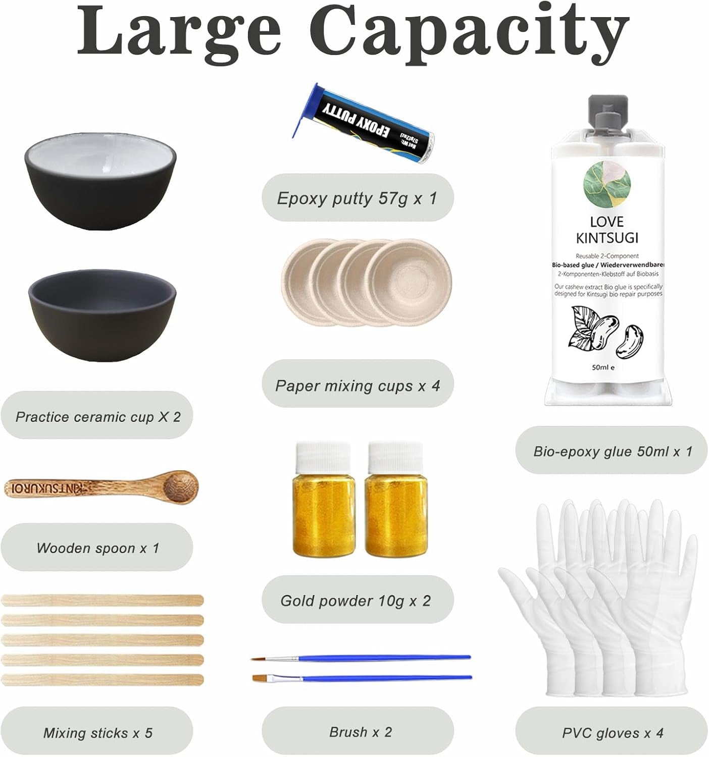 Kintsugi Repair Kit Food Safety, Japanese Gold Repair Kit, Bio Gold Glue for Ceramics and Porcelain Repair, Ceramic Repair Kit with Two Practice Cup Perfect for Beginners, Dishwasher Safety