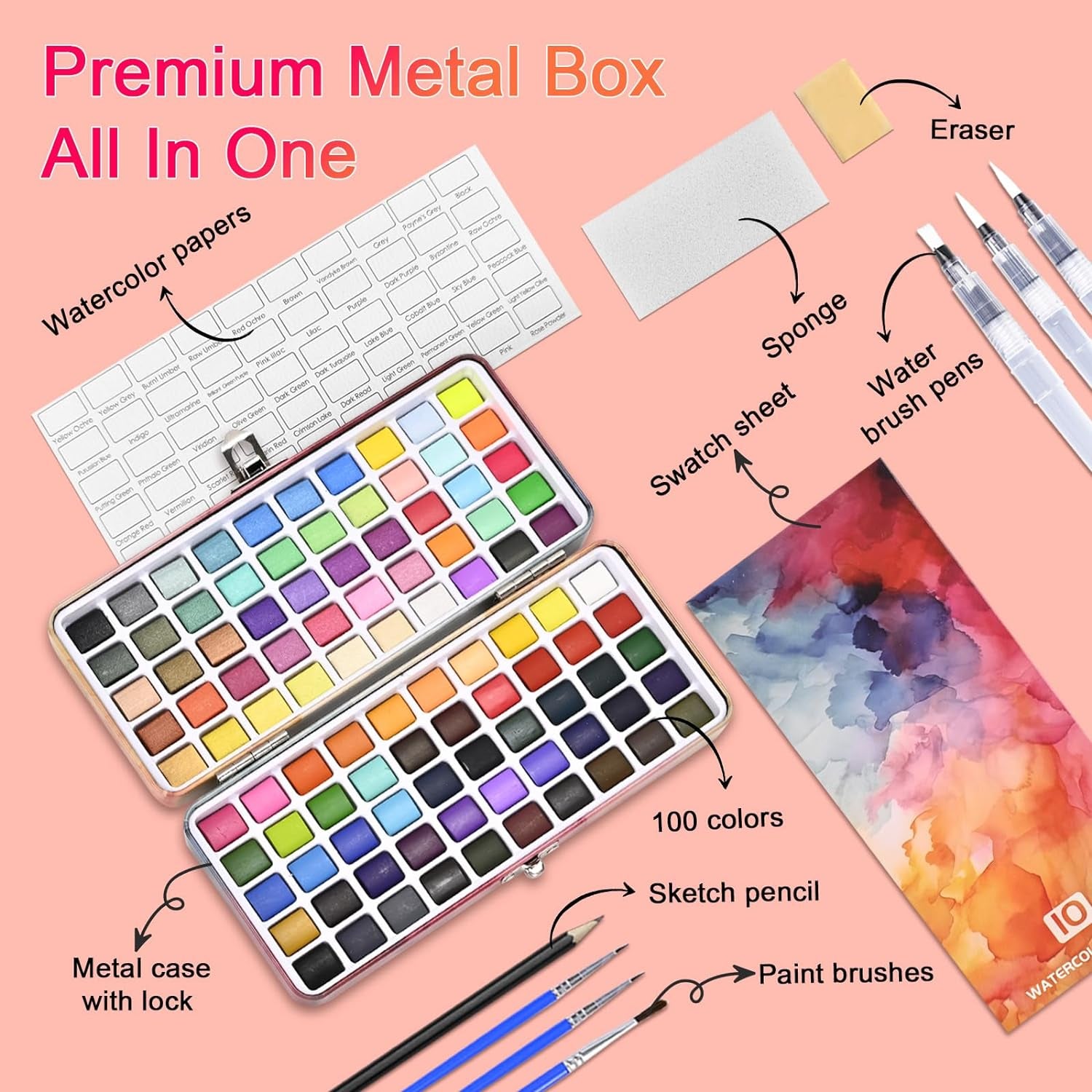 Watercolor Paint Set, 100 Water Color Pallet Adult, Travel Watercolor Palette Set with Regular, Macaron, Metallic & Fluorescent Colors - Art Supply Kit for Kids, Adults, Beginners, Artists