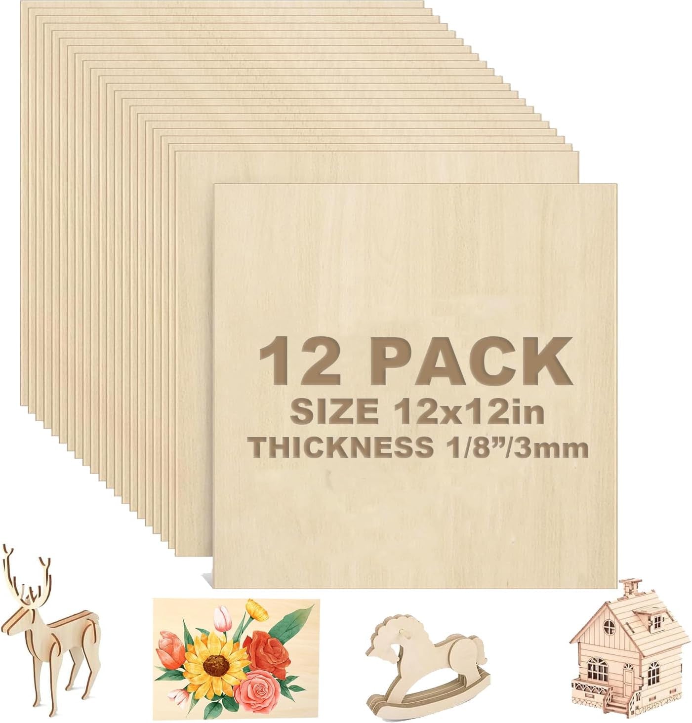 12 Pack Basswood Sheets 1/8 Inch Plywood 3Mm Basswood Sheets, Square Unfinished Wood Boards Sheets for Crafts, DIY Project, Mini House Building Architectural Model Making 11.8 × 11.8 Inch