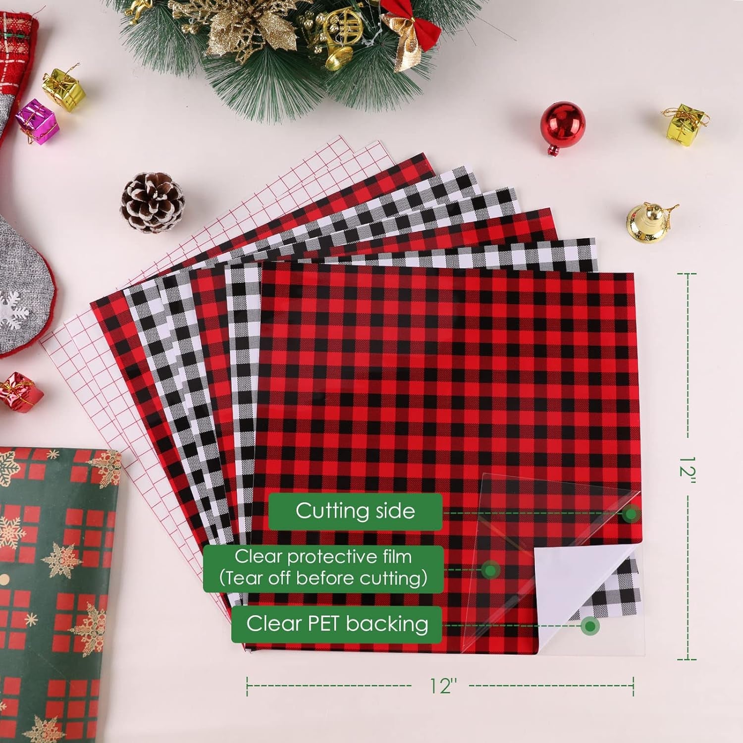 Buffalo Plaid Permanent Adhesive Vinyl-6 Sheets 12"X12" Buffalo Plaid Vinyl &amp; 2 Sheets Transfer Tape, Permanent Vinyl for Cricut Machine, Pattern Vinyl for Christmas