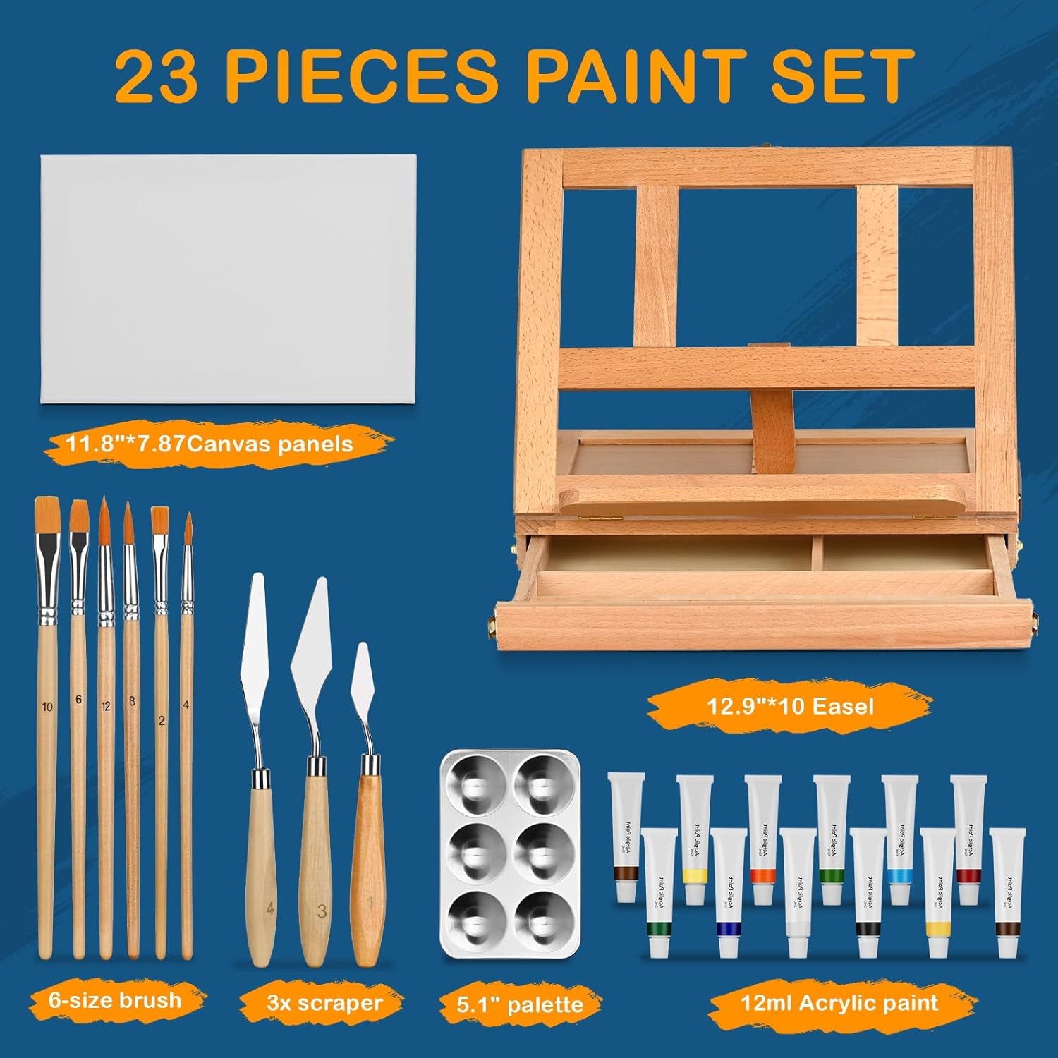 Tabletop Art Easel Acrylic Paint Set for Adults & Kids, Art Easel for Painting Portable Wooden Art Easel Stand,Painting Kits with Tabletop Easel,12 Paints,6 Brushes,3 Paint Knives,Palette,Canvas Board
