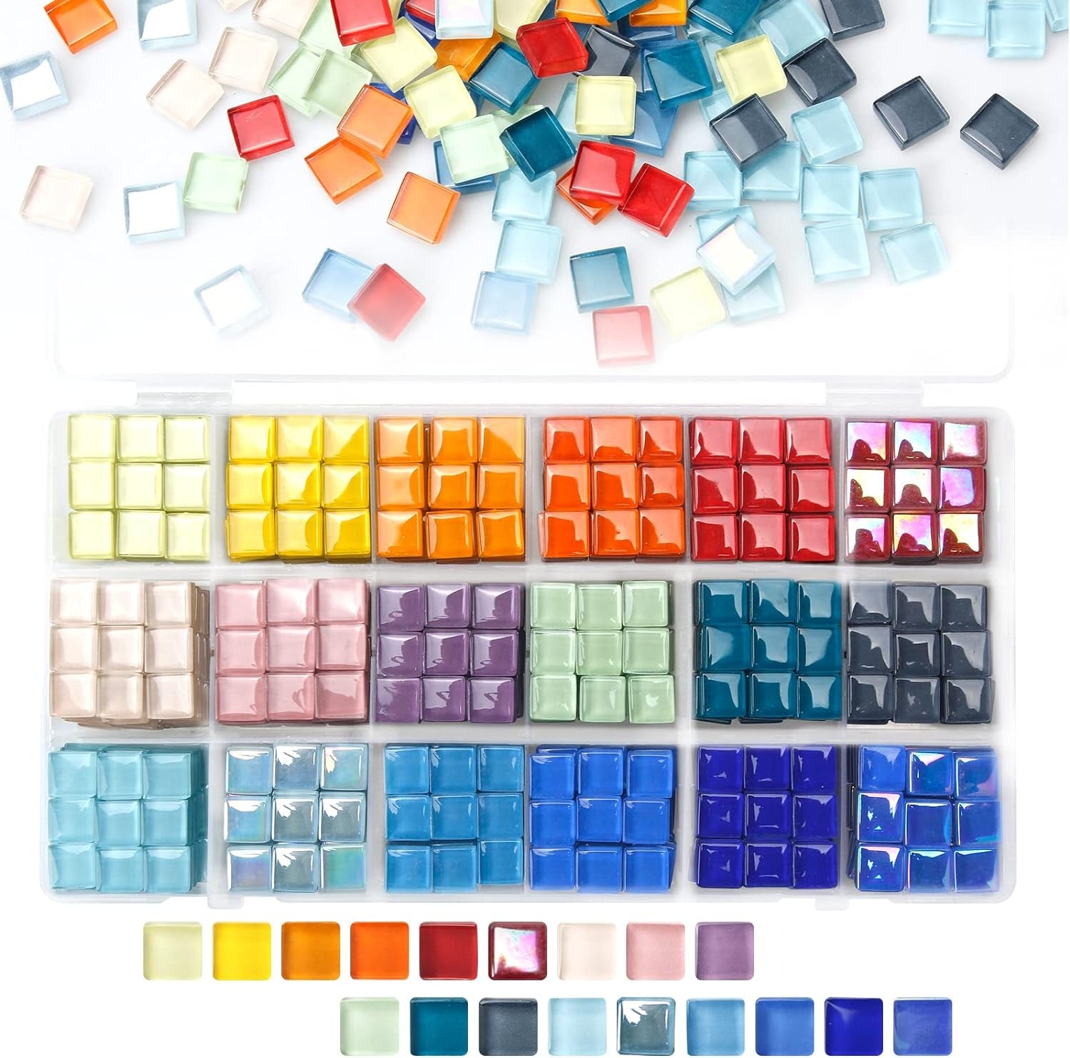 900 Pcs 2.2LB Glass Mosaic Tiles, 18 Colors 10Mm Mosaic Glass Pieces with Storage Box, Transparent Mosaic Tiles for Crafts Bulk, Mosaic Supplies for Home Decoration, Art Crafts