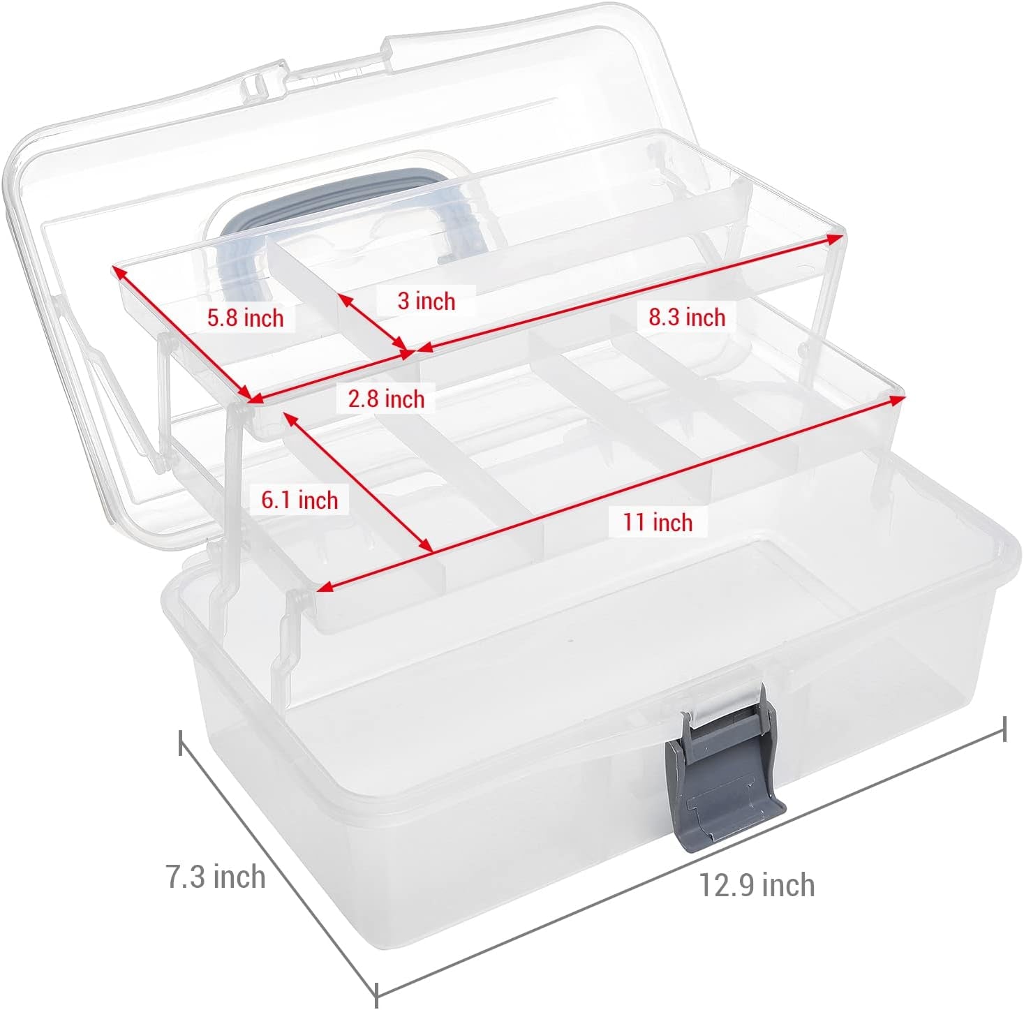 13 Inch Transparent Plastic Empty Multipurpose Storage Box with Gray Handle, Latching Lid and 2 Expandable Trays for Tools, First Aid, Sewing Kit, Arts Crafts Supplies