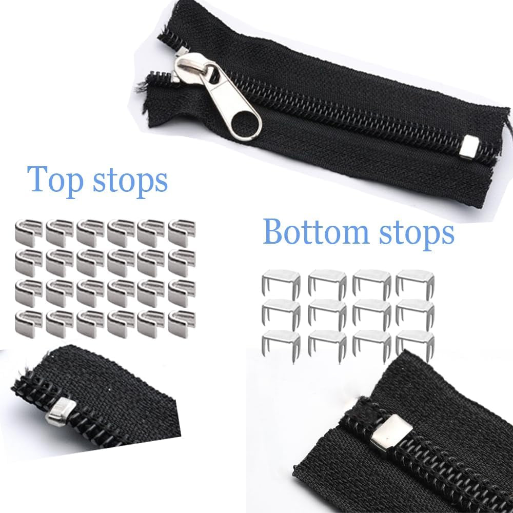 Zipper Repair Kit #5 Sliders with Pull 12 Pcs, Zipper Stops, Replacement Zipper Head Bottom Stop and Top Stop, Fix Zipper on for Repairing Coats,Jackets, Metal Plastic and Nylon Coil Zippers.