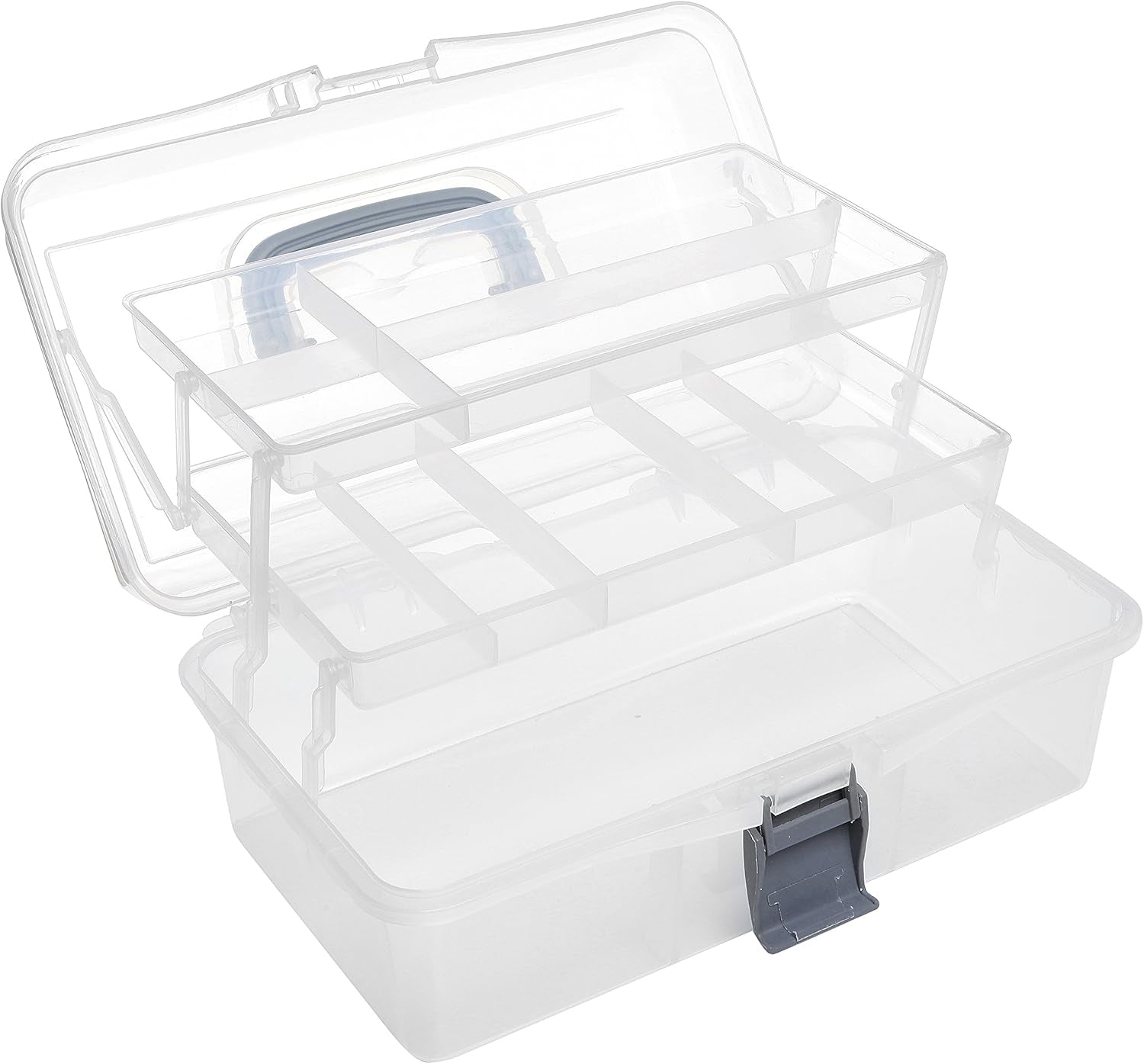 13 Inch Transparent Plastic Empty Multipurpose Storage Box with Gray Handle, Latching Lid and 2 Expandable Trays for Tools, First Aid, Sewing Kit, Arts Crafts Supplies