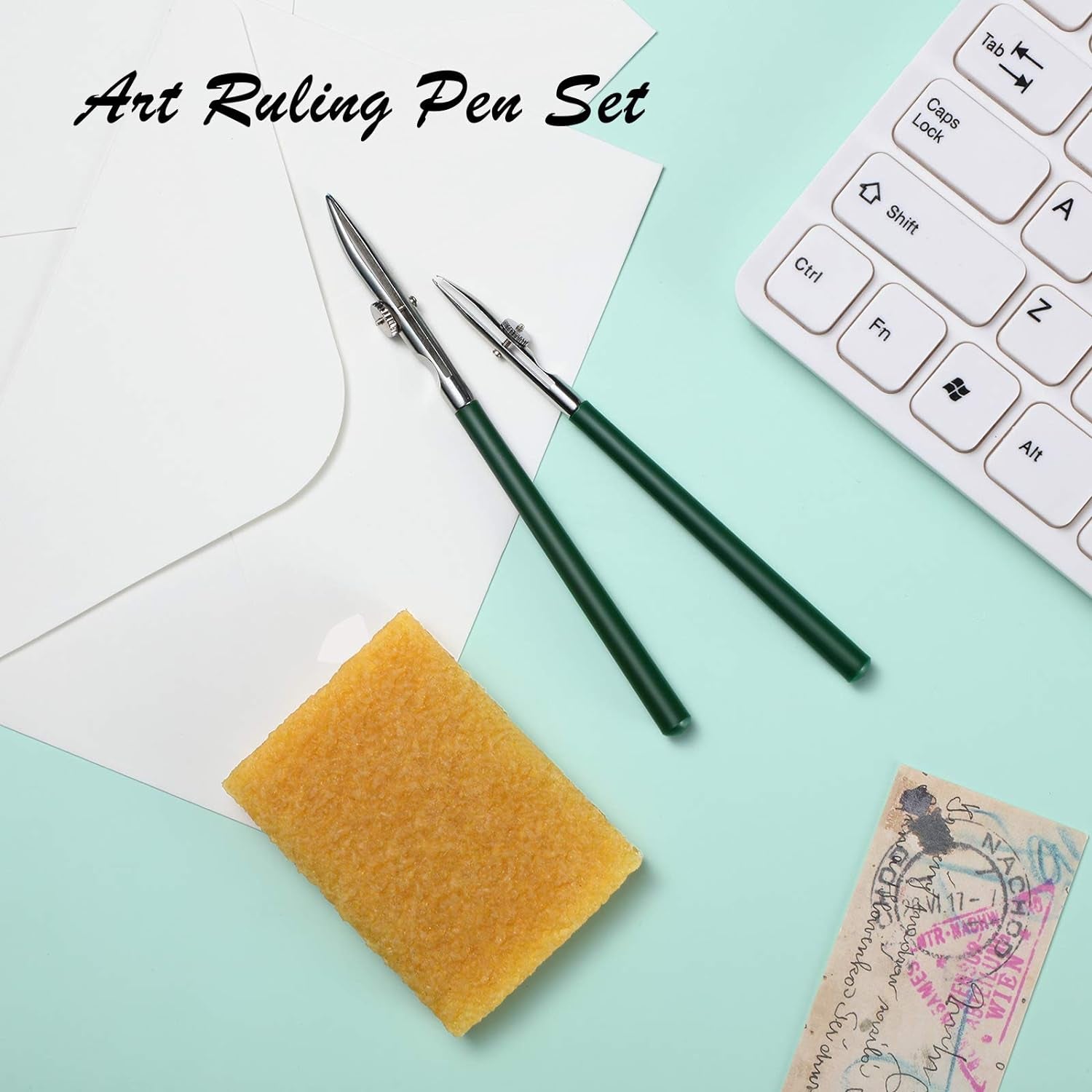 6 Pieces Art Ruling Pen 3 Sizes Masking Fluid Pen and 50 X 35 X 5 Mm Glue Residue Eraser, Ruling Ink Pen Set for Watercolor Drawing Mounting Art Artists Supplies (Green)