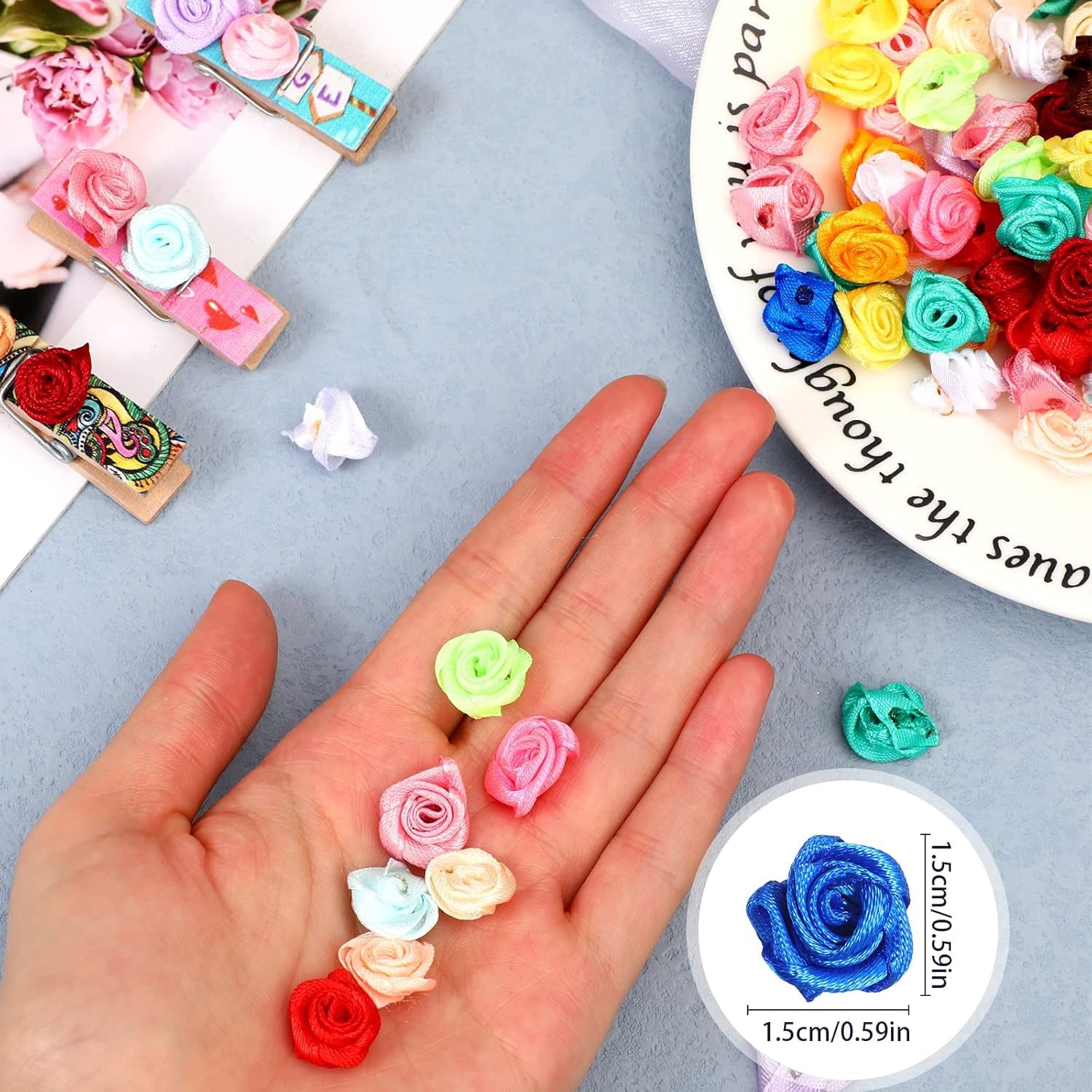 300 Pcs Mini Satin Ribbon Roses Small Flowers for Crafts Tiny Satin Roses Artificial Fabric Flowers Applique DIY Sewing Embellishments for Wedding Bride Gift Wrapping Decoration(Multicolor)