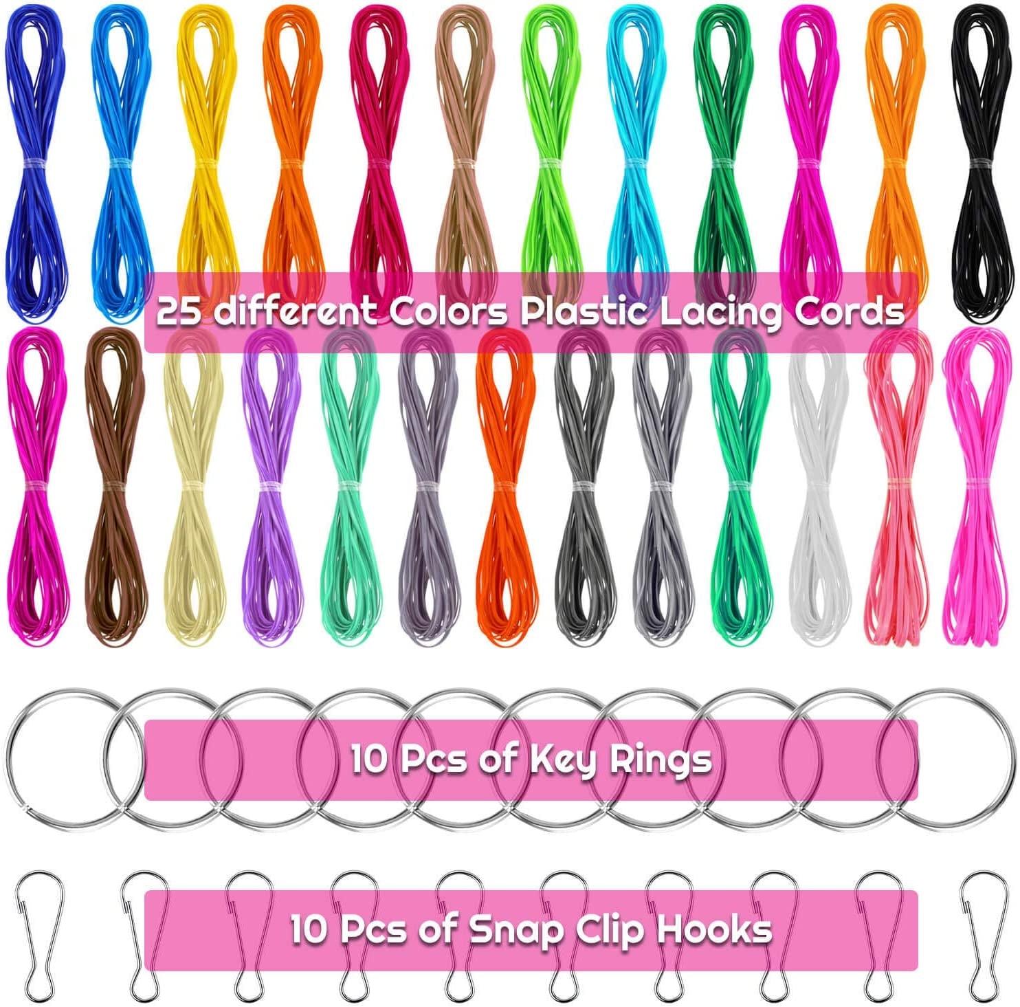 Lanyard String,  25 Colors Gimp String Plastic Lacing Cord with 20Pcs Snap Clip Hooks and Keyrings for Crafts, Bracelet, Lanyards and Jewelry Making