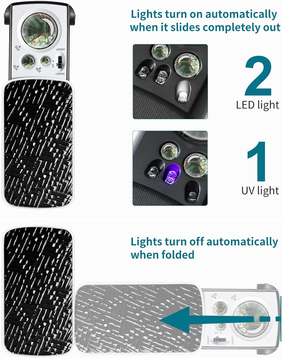 2 Pack Jewelers Loupe, 30X 60X 90X Illuminated Jewelers Eye Magnifier and Magnifying Glass Loop with UV Black Light and Bright LED Light for Gems, Jewelry, Diamond, Coins, Stamps (Black)