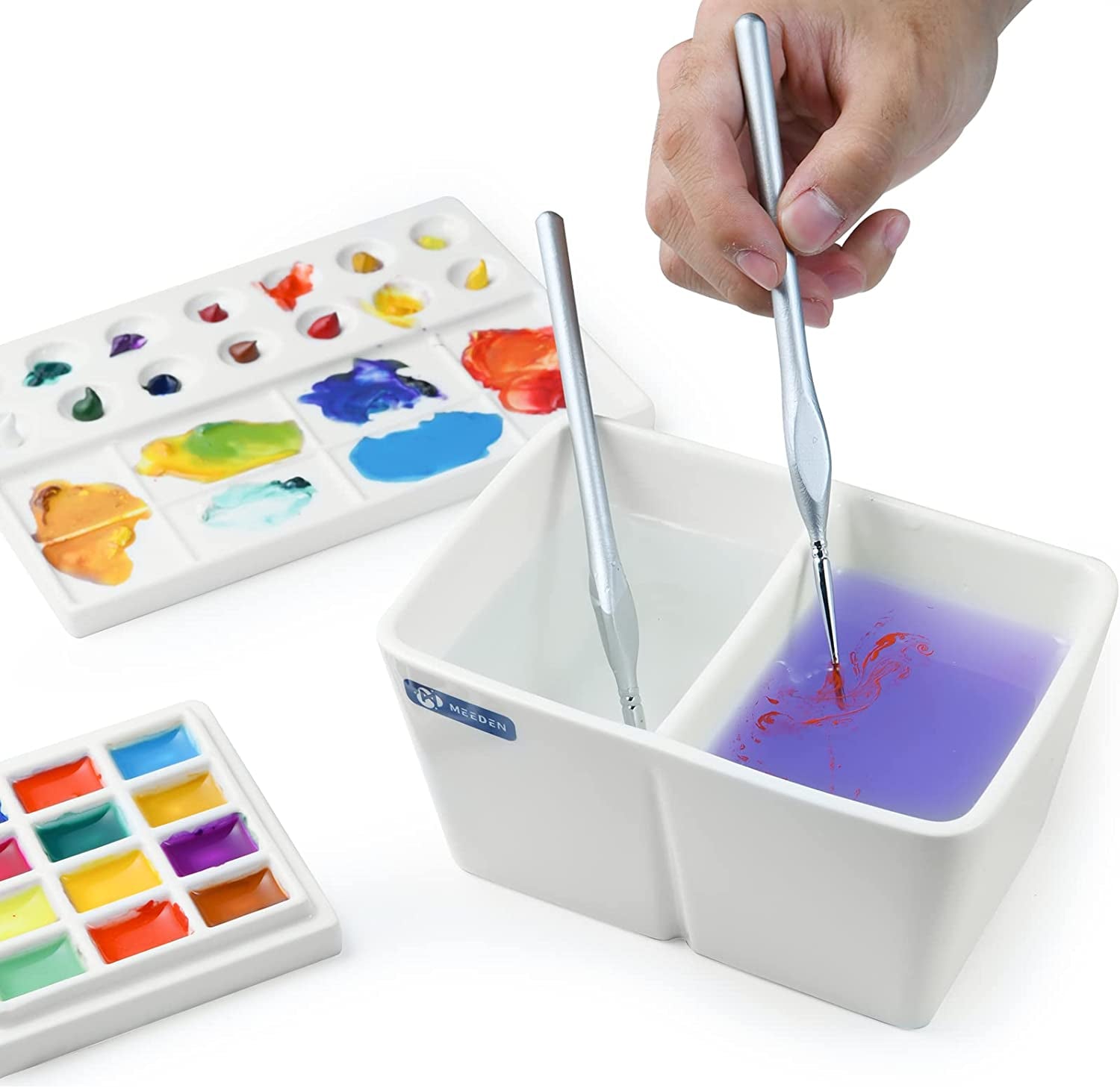Ceramic Paint Palette, Paint Brush Wash Bowl, 2 Deep Well Artist Paint Palette, White Porcelain Watercolor Painting Dish, Large Capacity Paintbrush Washer for Watercolor Gouache Painting