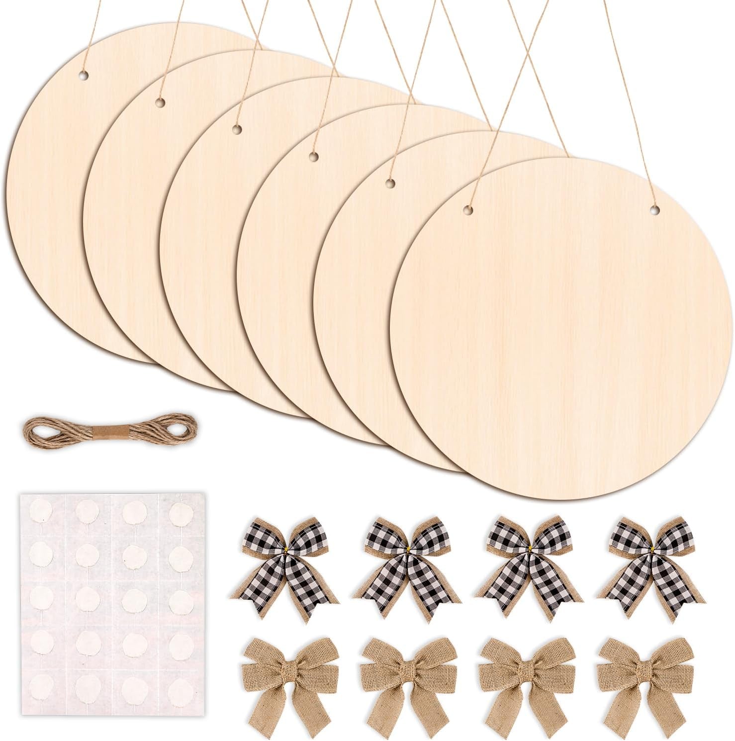 6 Pack Wood Circles for Crafts 14 Inch Unfinished Wood Slices Blank Wooden Door Hanger Sign round Wood Discs with Bows Twine Glue Point for DIY Crafts Painting Christmas Home Holiday Decor