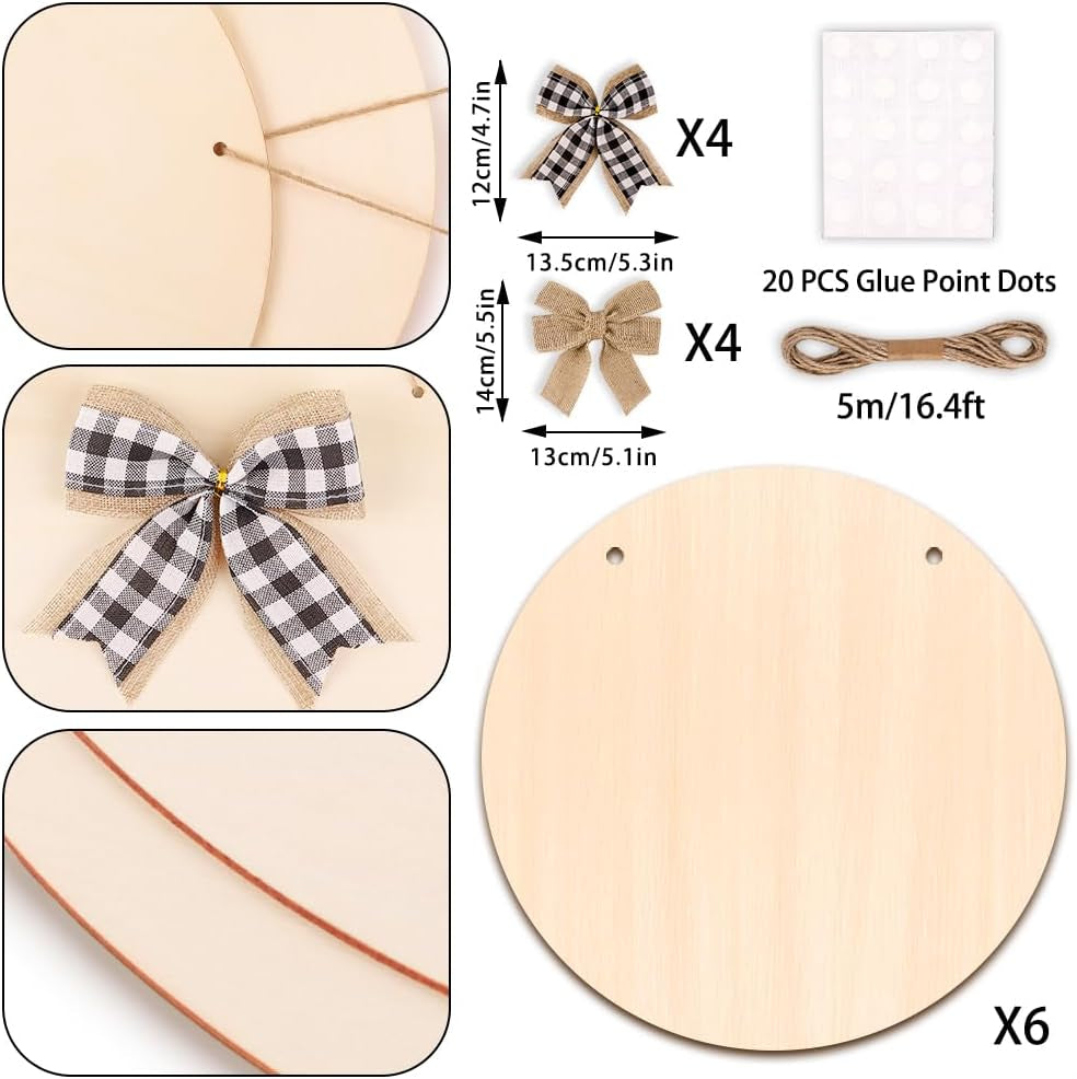 6 Pack Wood Circles for Crafts 14 Inch Unfinished Wood Slices Blank Wooden Door Hanger Sign round Wood Discs with Bows Twine Glue Point for DIY Crafts Painting Christmas Home Holiday Decor