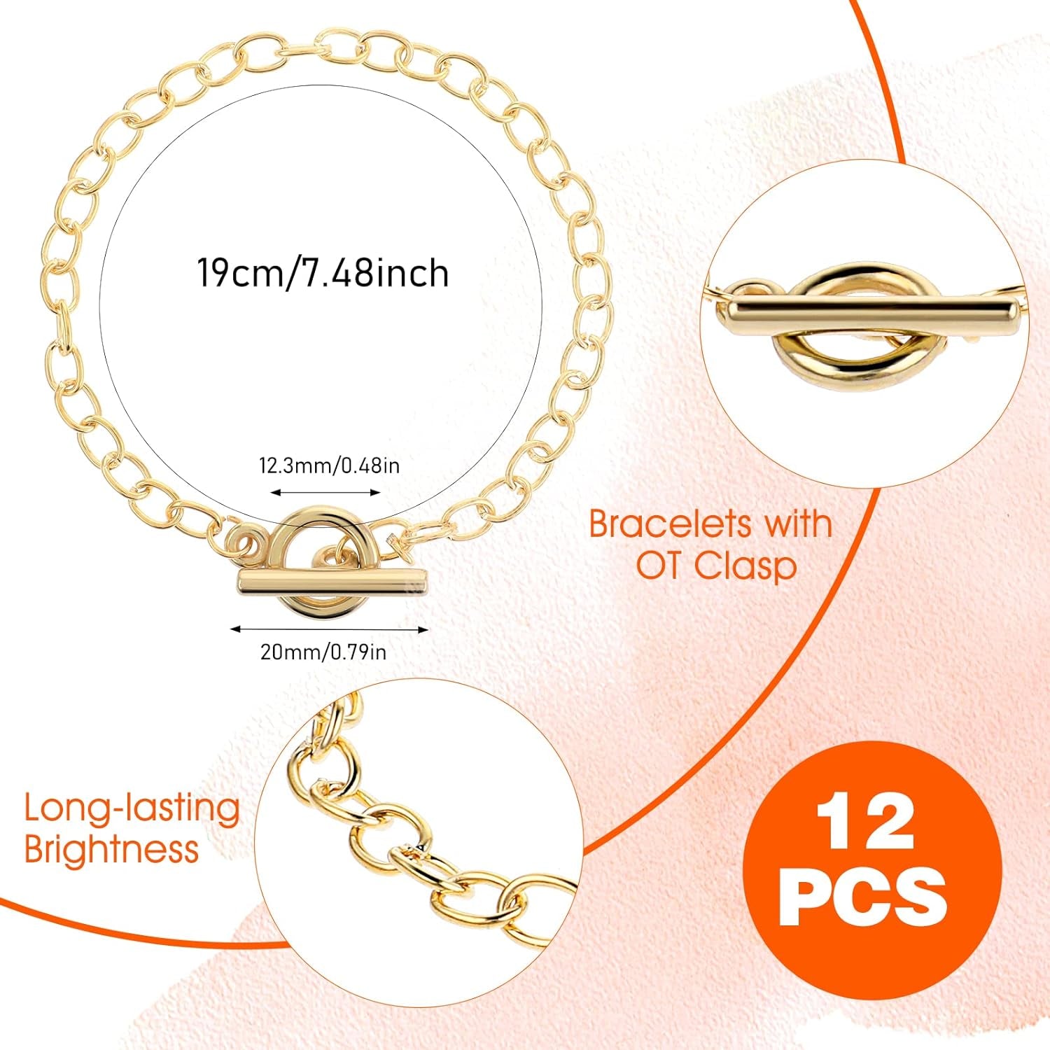 12 Pcs Bracelet Chains for Jewelry Making, Chain Bracelet for Women, Link Chain Bracelets with OT Toggle Clasp, Charm Bracelets for Jewelry Making (Gold)