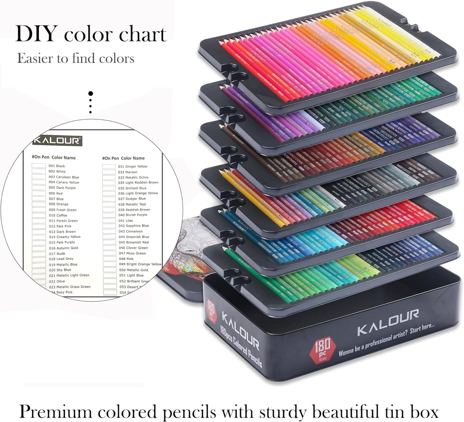 180 Colored Pencil Set for Adults Artists - Rich Pigment Soft Core -12 Metallic Pencil - Ideal for Coloring Drawing Sketching Shading Blending - Vibrant Color（Tin Case）