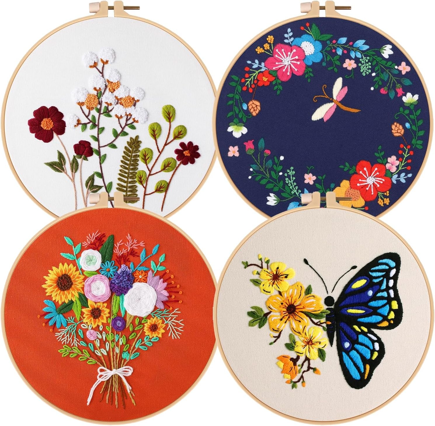 Embroidery Kit for Adults Beginners, 4 Pack Cross Stitch Kits Include Cloth with Floral and Butterfly Patterns, 4 Embroidery Hoops, Color Threads and Instructions for Sewing Beginners