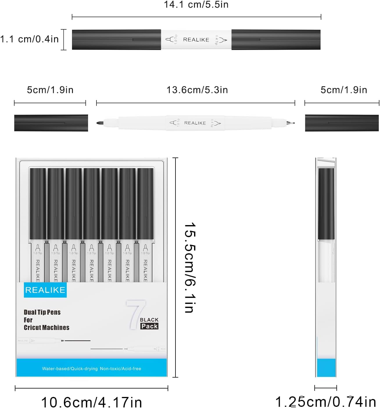 Dual Tip Pens for Cricut Maker 3/Maker/Explore 3/Air 2/Air, Black Pens Set of 7 Pack Dual Tip Marker Fine Point Pen Writing Drawing Accessories for Cricut Machine (0.4 Tip &amp; 1.0 Tip)