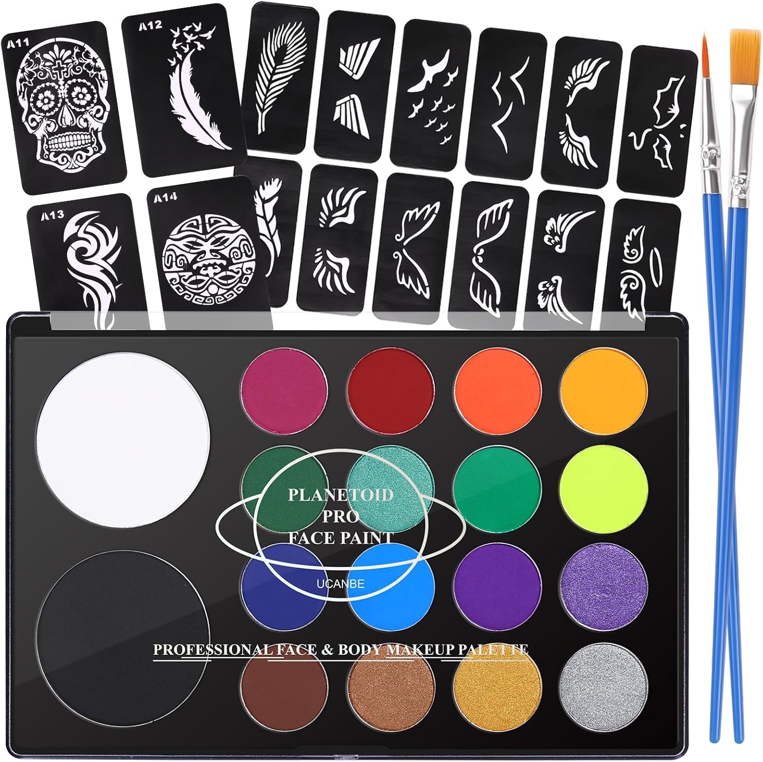 Face Paint Kit + 10Pcs Paint Brush Water Activated Body Paint SFX Makeup Palette for Cosplay Halloween Black White Face Painting Kits for Adults Matte Neon Special Effects Makeup Kit