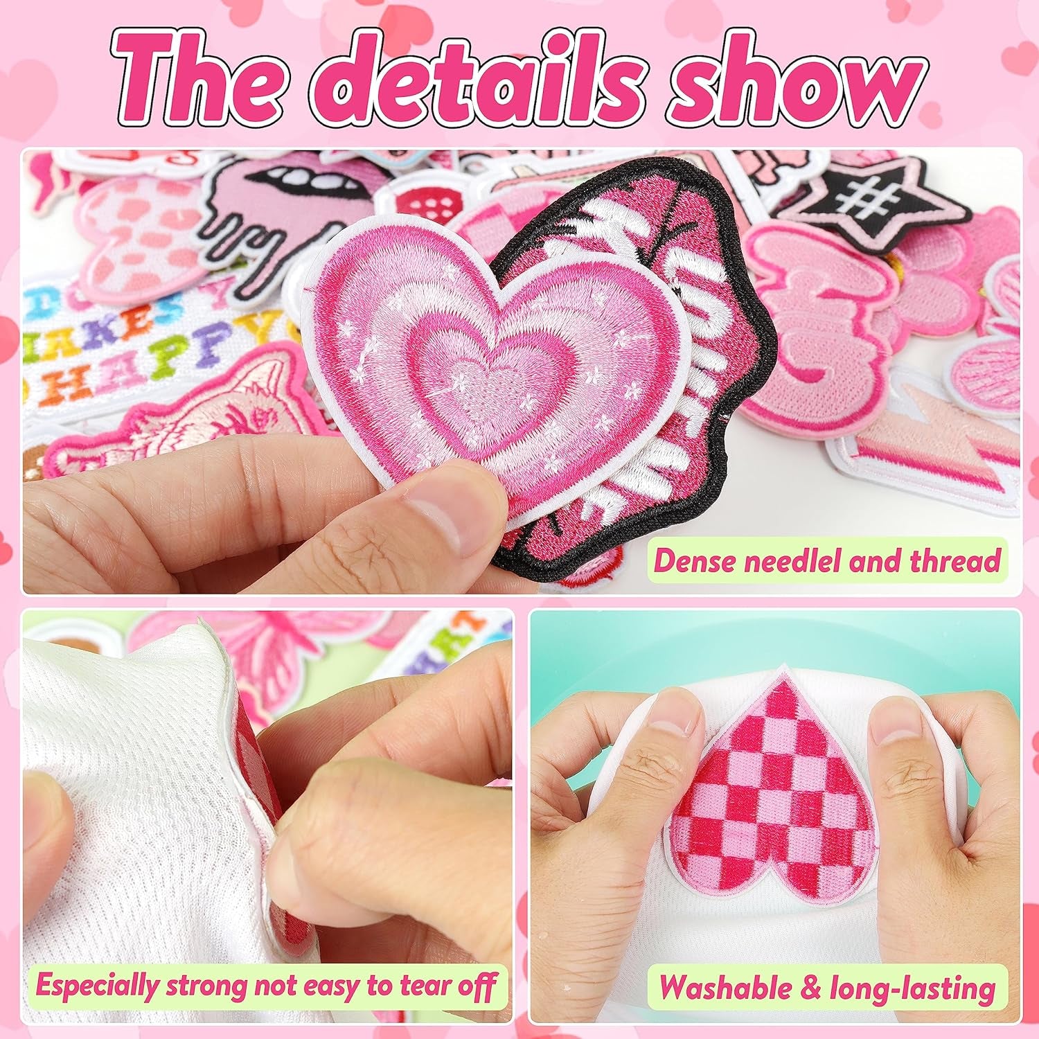 Embroidered Preppy Iron on Patches: 35PCS Pink Embroidery Sew on Applique Patch for Clothing