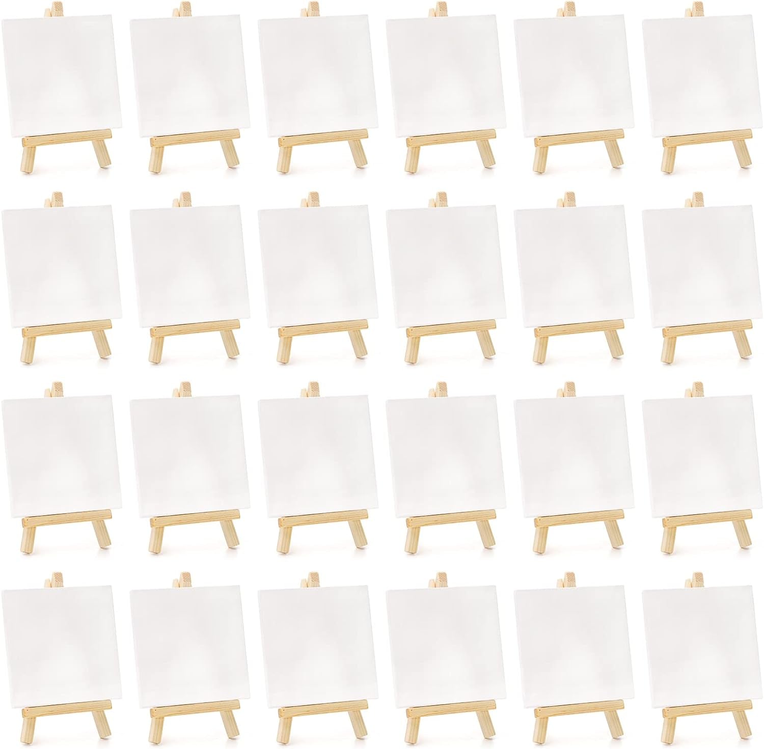 24 Pack 4" X 4" Mini Canvas and Easel Set, Small Art Easel Stand with Canvas Set, Tabletop Wooden Display Stand and Canvas Panels for Artist, Students, Adults, Kids Painting