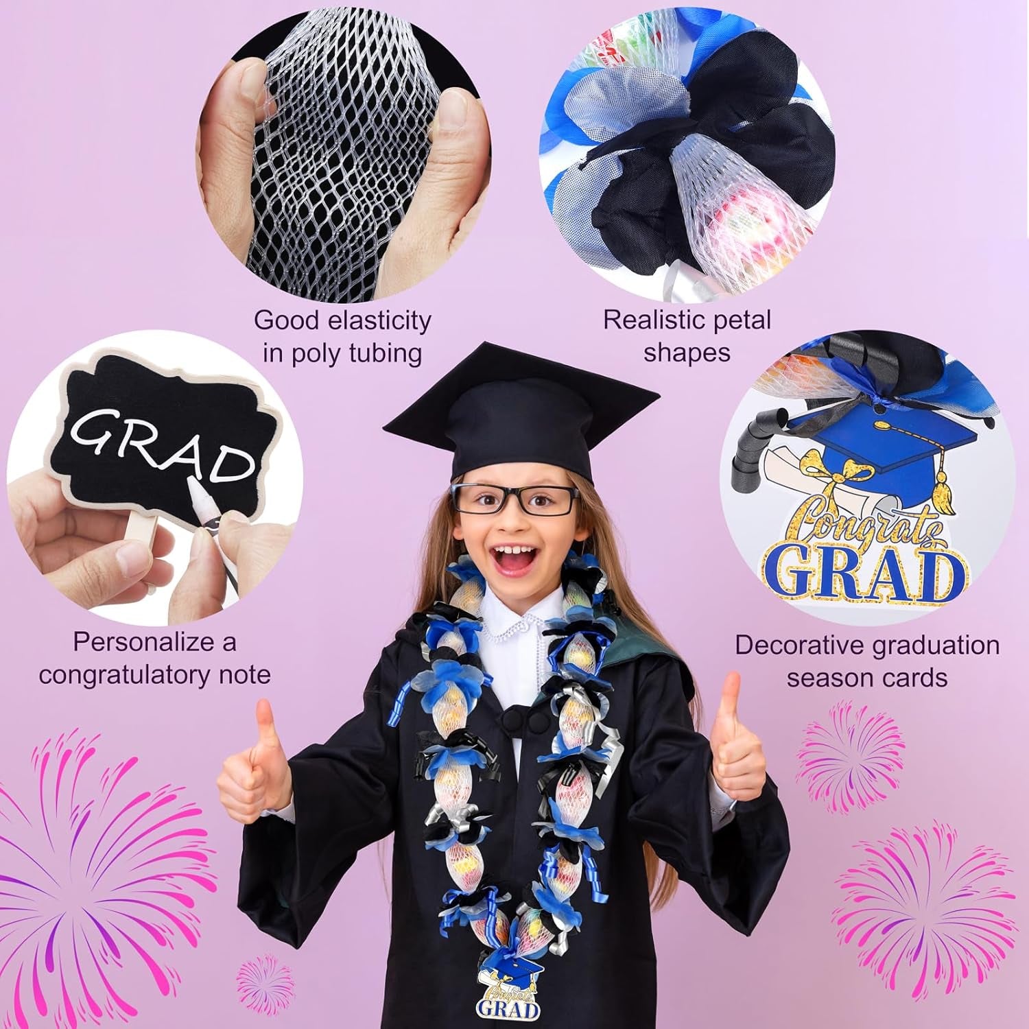 12 Sets 2024 Graduation Candy Lei Making Kit Candy Lei Tubing Include Mesh Poly Tubing 197 Yard Gift Ribbon Grad Petal Clip Mini Chalkboards Grad Cap Card for Crafts Graduation Party Gift, Blue