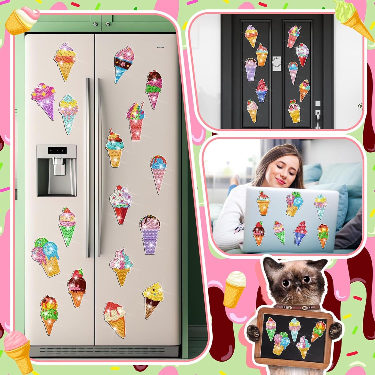 30 Pcs Ice Cream Diamond Painting Magnets, Glitter Magnet Diamond Painting Kits Diamond Painting Stickers Fridge 5D Diamond Art Magnets Crafts Home Decoration Gift