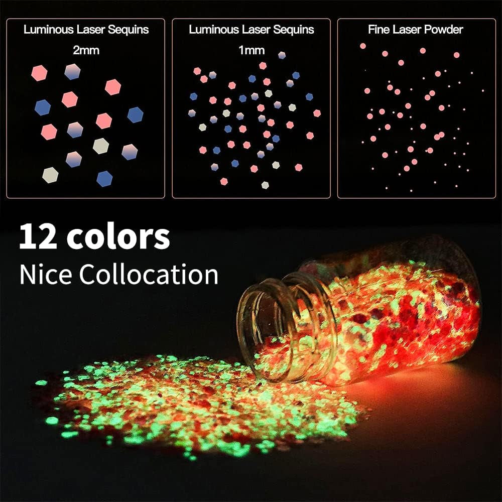 Glow in the Dark Glitter 15 Jar - 12 Colors Glow Glitter and 3 Colors Gold Foil Flakes, High Luminous Glitter for Resin Crafts, Cosmetic, Nail, Glowing Dye for DIY