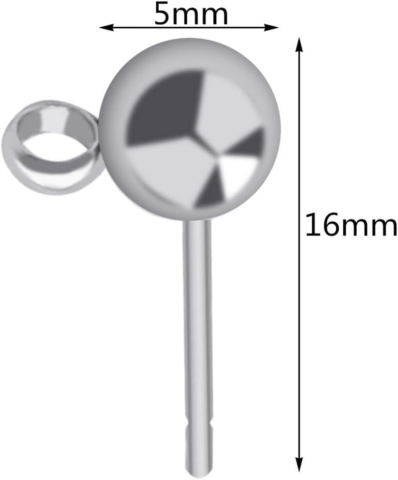 100Pcs Hypoallergenic Earring Posts Stud Earrings Stainless Steel Silver Ball Post with Loops Earring Studs 5Mm Ball Post for Jewelry Earring Making(Sliver, 5Mm)