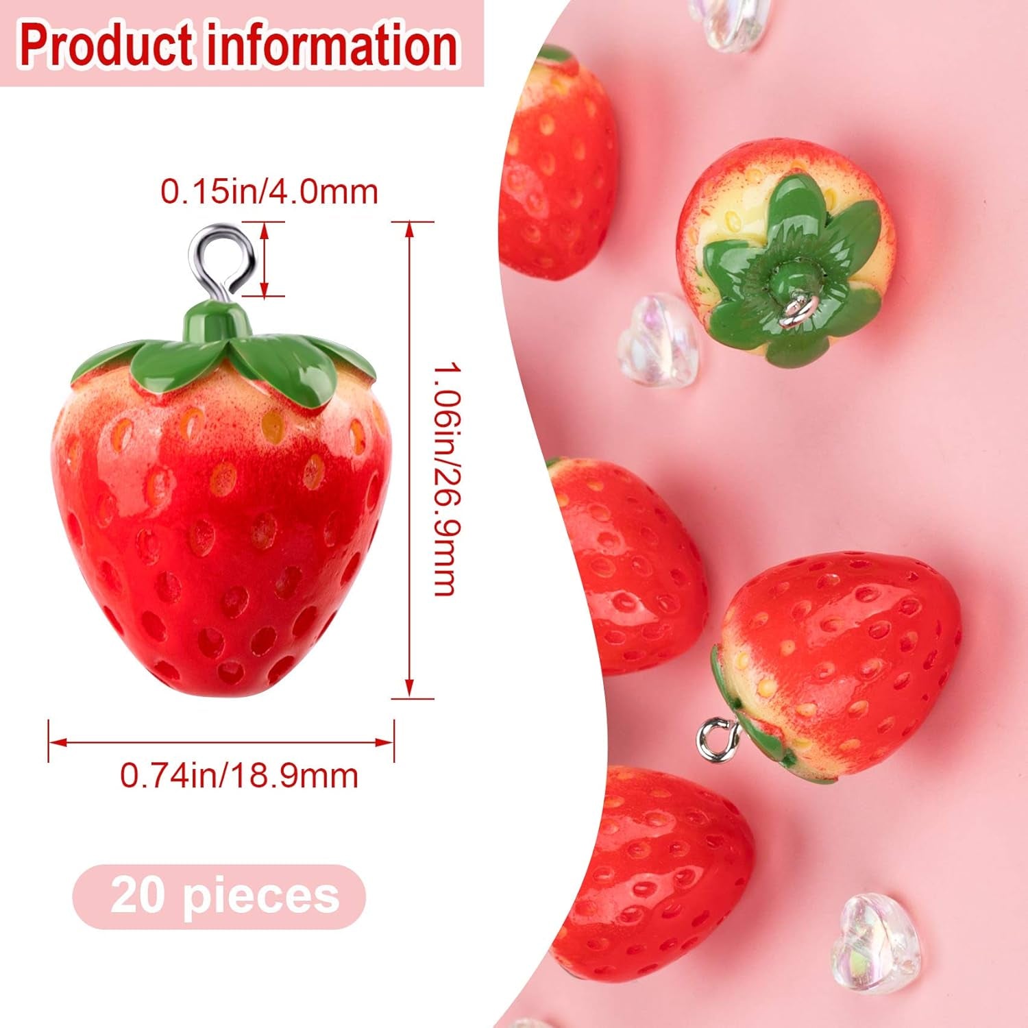 20Pcs 3D Red Strawberry Pendants, Resin Strawberry Beads with Green Leaf DIY Crafts Supplies Decoration Accessories for Jewelry Making Necklaces Earrings