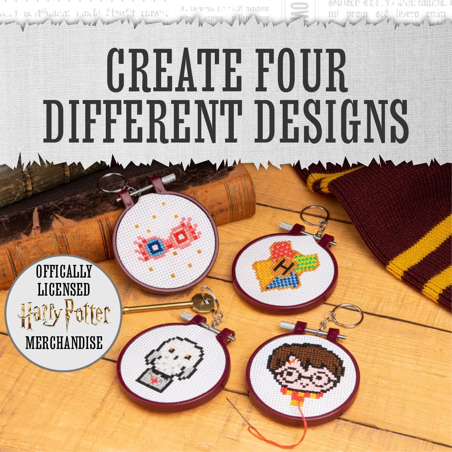 Harry Potter Stamped Cross Stitch 4 Pack, Embroidery Starter Kit for Beginners, Four Patterns, Fun & Easy Backpack Charms Craft Activity for Fans