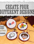 Harry Potter Stamped Cross Stitch 4 Pack, Embroidery Starter Kit for Beginners, Four Patterns, Fun & Easy Backpack Charms Craft Activity for Fans