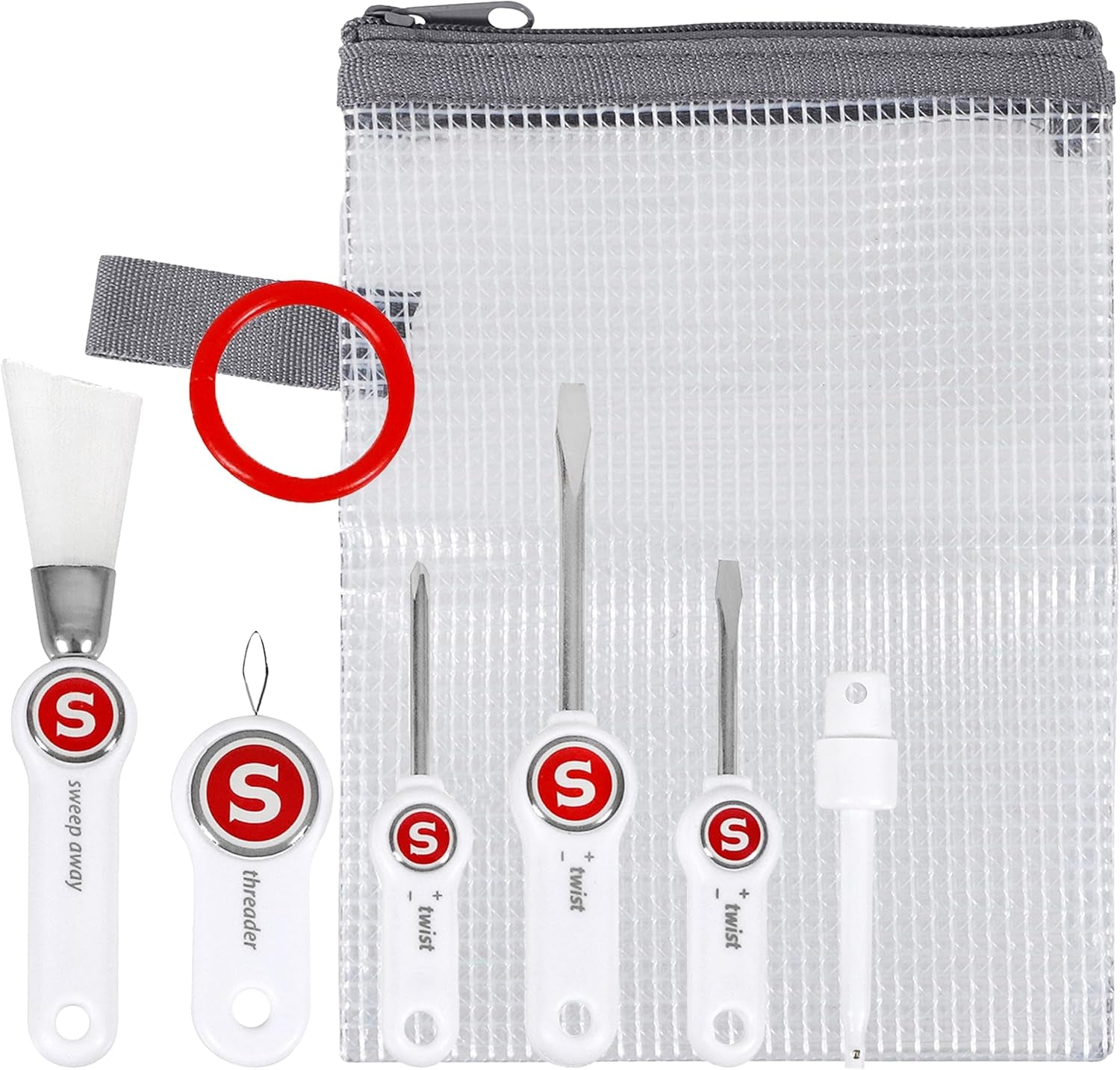 Sewing Machine Maintenance Kit - Tool Set with Needle Inserter, Angled Lint Brush, Set of 3 Screwdrivers, Needle Threader - Universal Compatibility & Storage Pouch Included, 7Pc