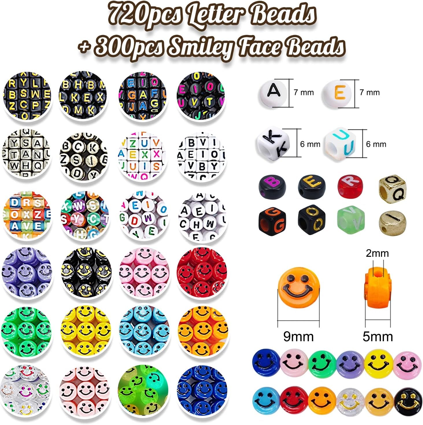 3430Pcs Pony Beads for Bracelets Making Kit, 44 Colors 2400Pcs Kandi Bracelet Kit with 720Pcs Letter Beads and 300Pcs Smiley Face Beads, Large Hole Beads for Jewelry Making, with Elastic Strings