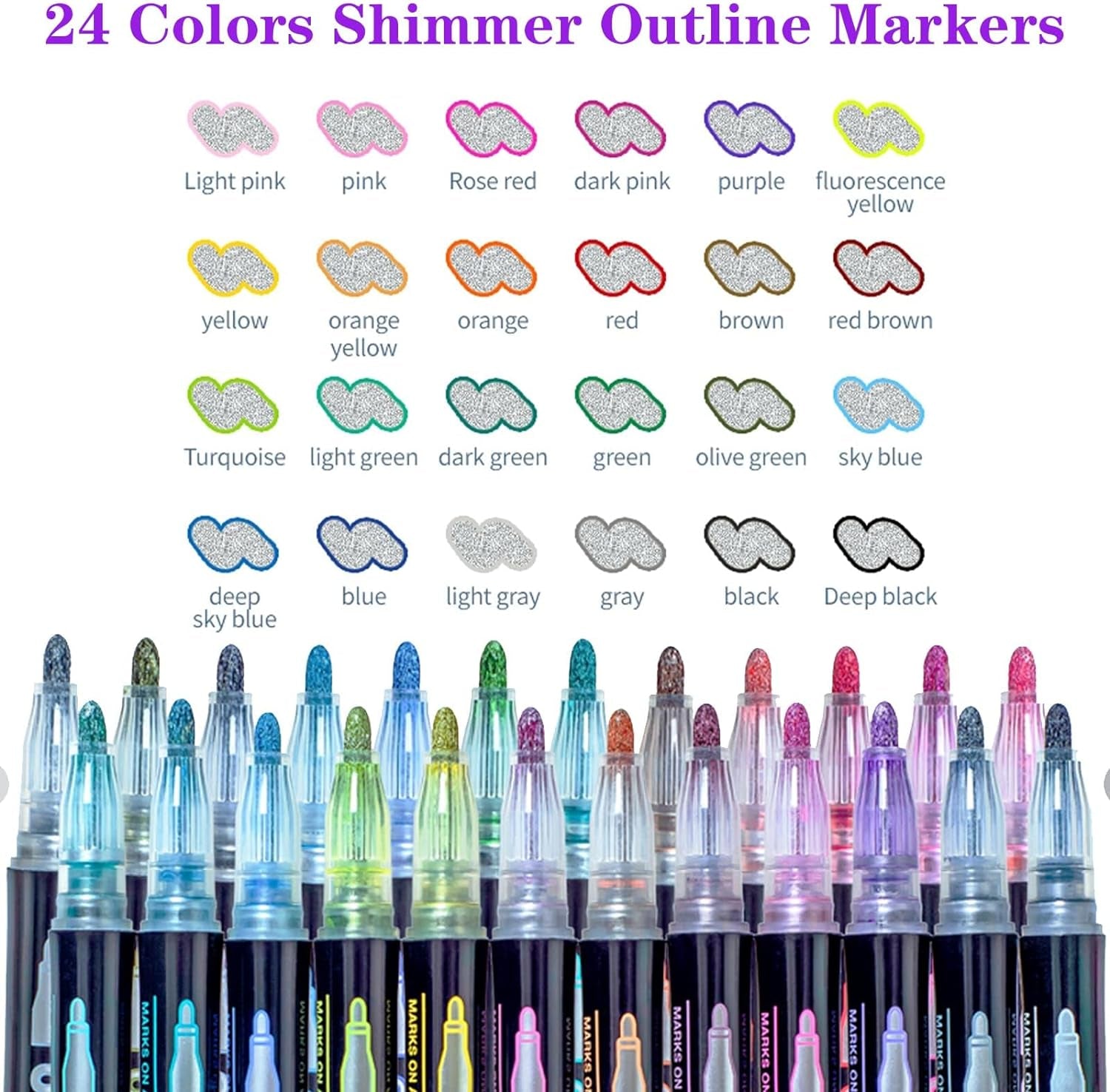 Shimmer Markers Outline Double Line: 24 Colors Glitter Metallic Pen Set Super Squiggles Sparkle Cool Fun Self Sparkly Kid Age 4 8 10 12 Girl Gift Doodle Supplies Art Craft Girl Stocking Stuffer