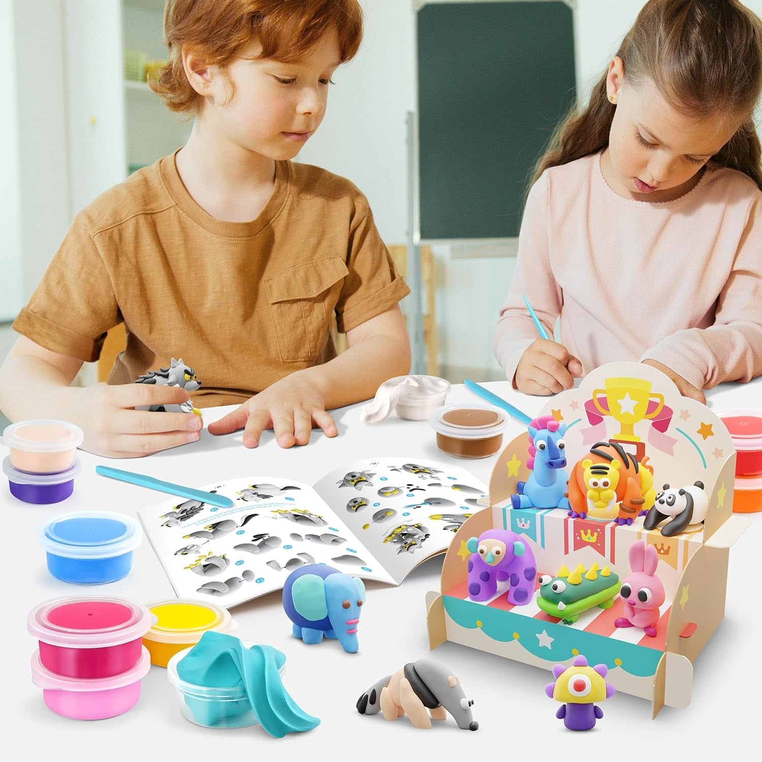 Air Dry Clay Kit for Kids - Comes with Instructional Guide Featuring 4 Scenes &amp; 26 Projects Tutorials, 18 Cans of Modeling Clay, Includes Display Stand, Gift for Girls and Boys