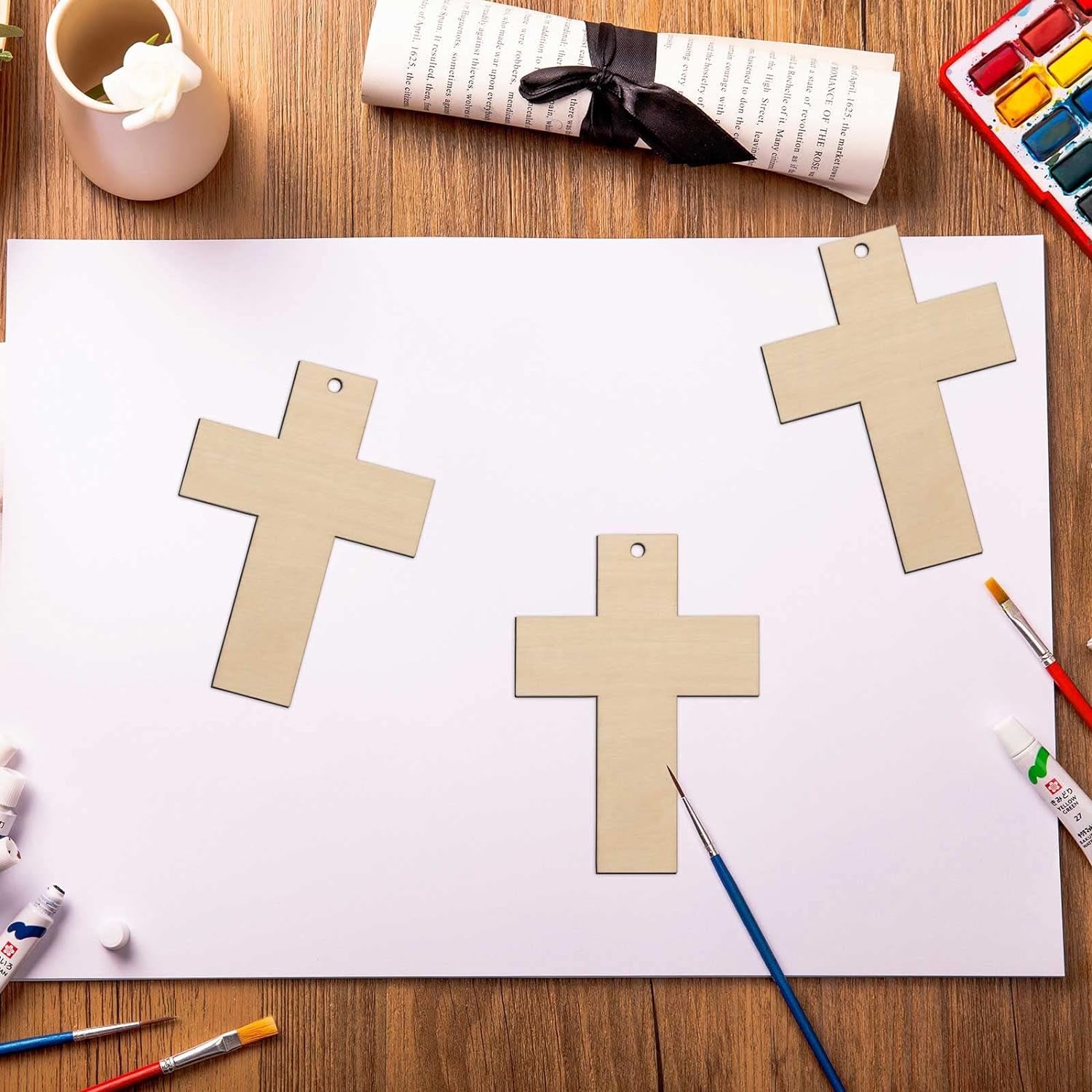 Cross Wooden Hanging Ornaments Cross Shaped Wood DIY Craft Cutout Wooden Slices Embellishments with Hole Hemp Ropes Wood Tags for Birthday Easter Halloween Christmas Decoration (2.8X3.9 In, 20-Pack)