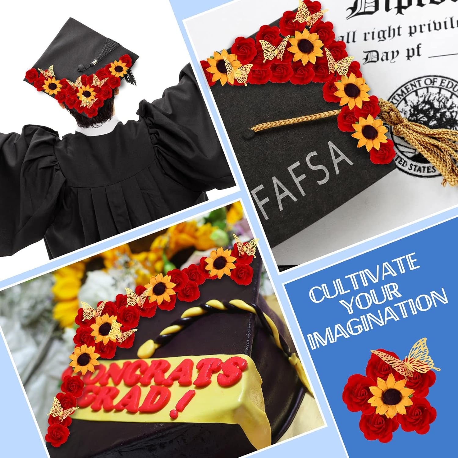 30 Pcs Stick Flat Back Roses Floral Stickers Adhesive Backed Roses Yellow Sunflower Heads 3D Butterfly Stickers for Graduation Cap Decoration Home Decor Craft Art Decor