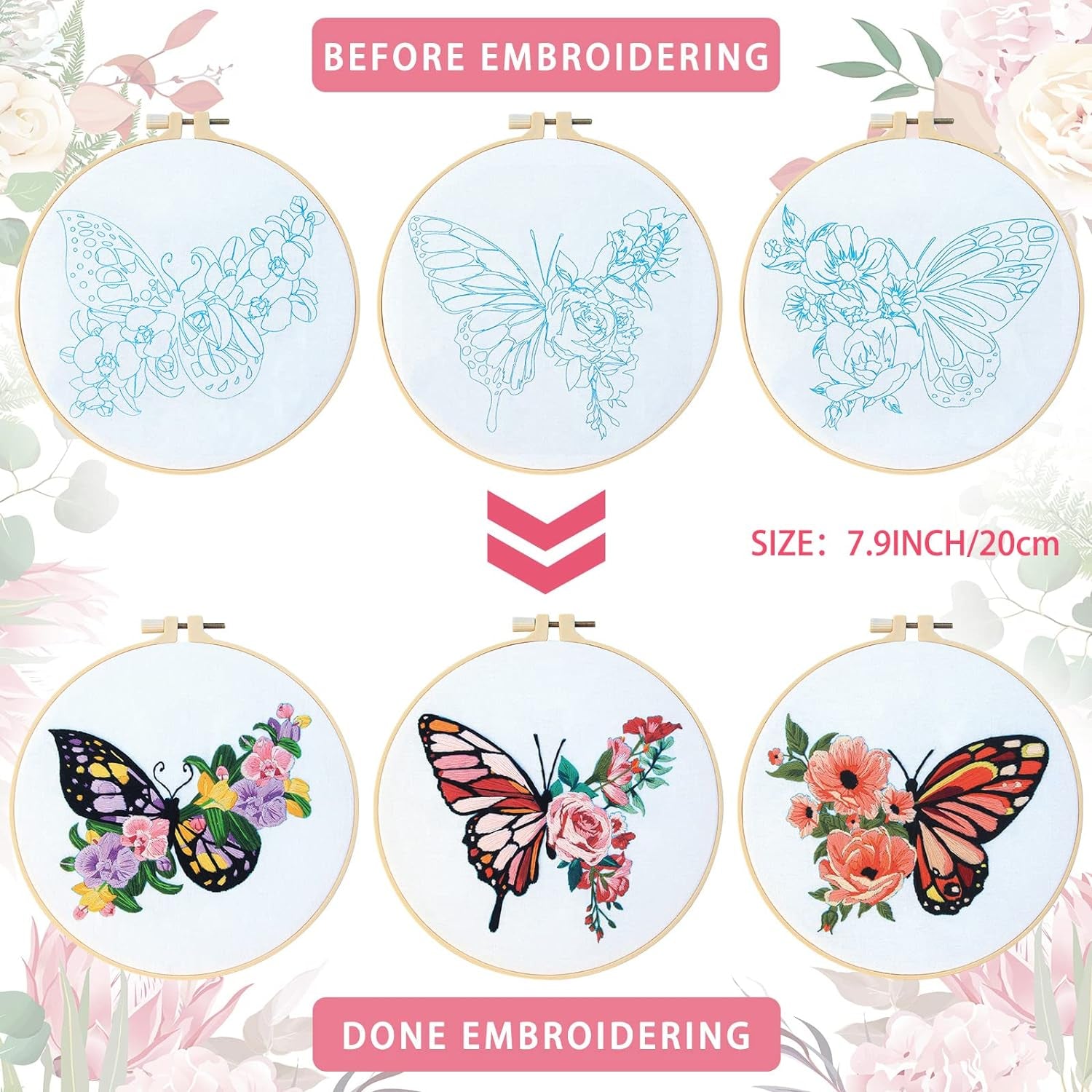 5 Sets Embroidery Beginners Kit with Butterfly Flower Patterns and Instructions Cross Stitch Kits for Starter DIY Adult Kids Butterfly Pattern Embroidery Set with Cloth Hoops Needles Threads