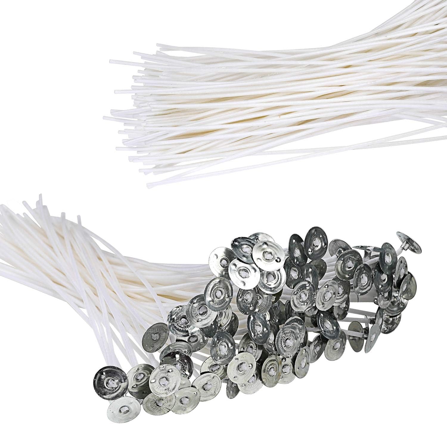300Pcs Functional Smokeless Candle Wicks,100Pcs Wicks Sticker, Pre Waxed Cotton Wick with Metal Sustainer Tabs for Pillar Candle Making and Candle DIY, 9Cm/3.5In,15Cm/6In,20Cm/8In