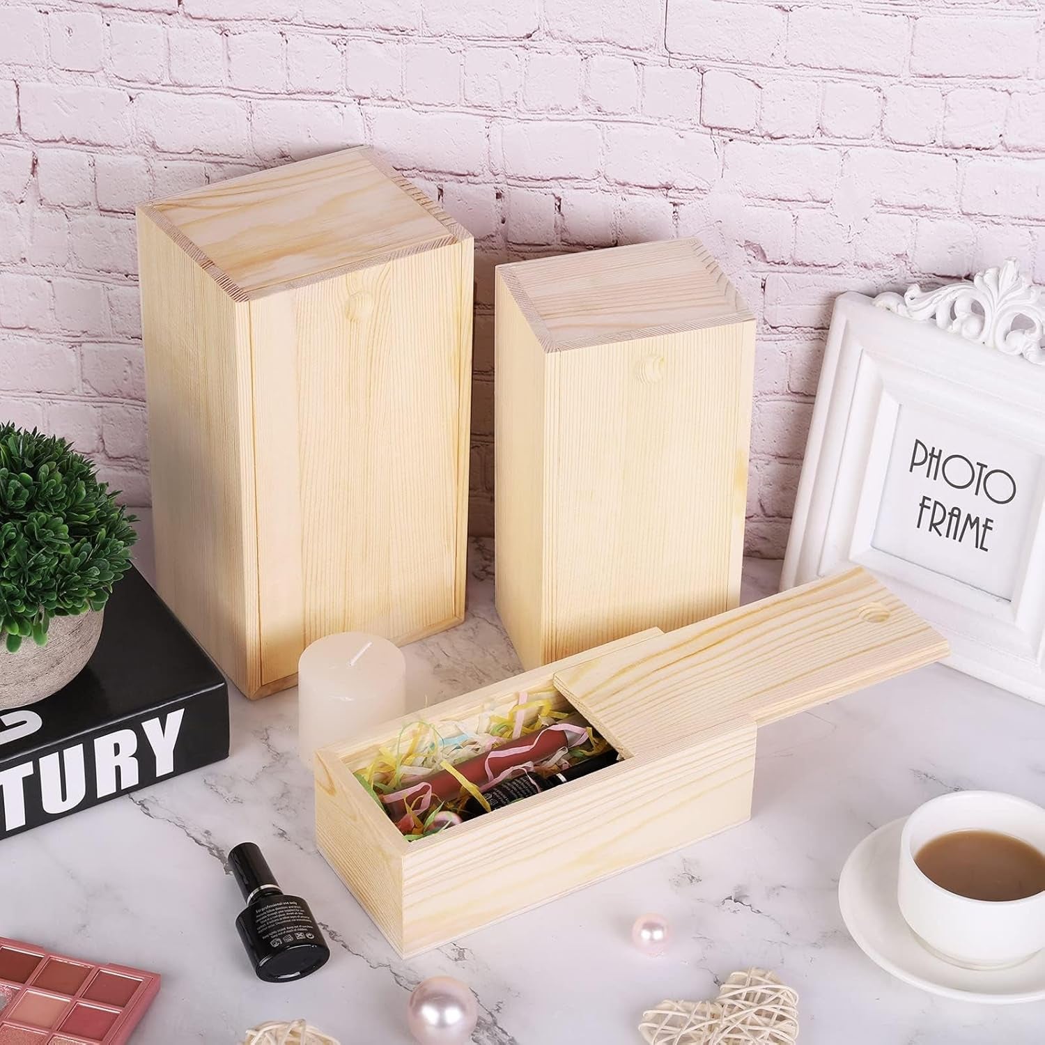 3 Pack Unfinished Wooden Box with Slide Lid, Blank Pine Wood Box Case Container Wood Jewelry Box for Storage, Arts, Crafts, Hobbies, Sewing, Keepsakes, Jewelry