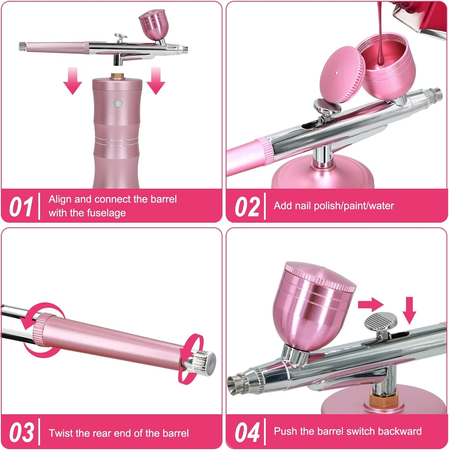 Airbrush Kit with Air Compressor, Upgraded 7.4V 34PSI Air Brush Gun Rechargeable Portable Cordless Air Brush Painting with 0.4Mm Nozzle for Painting, Nail Art, Tattoo (Pink)