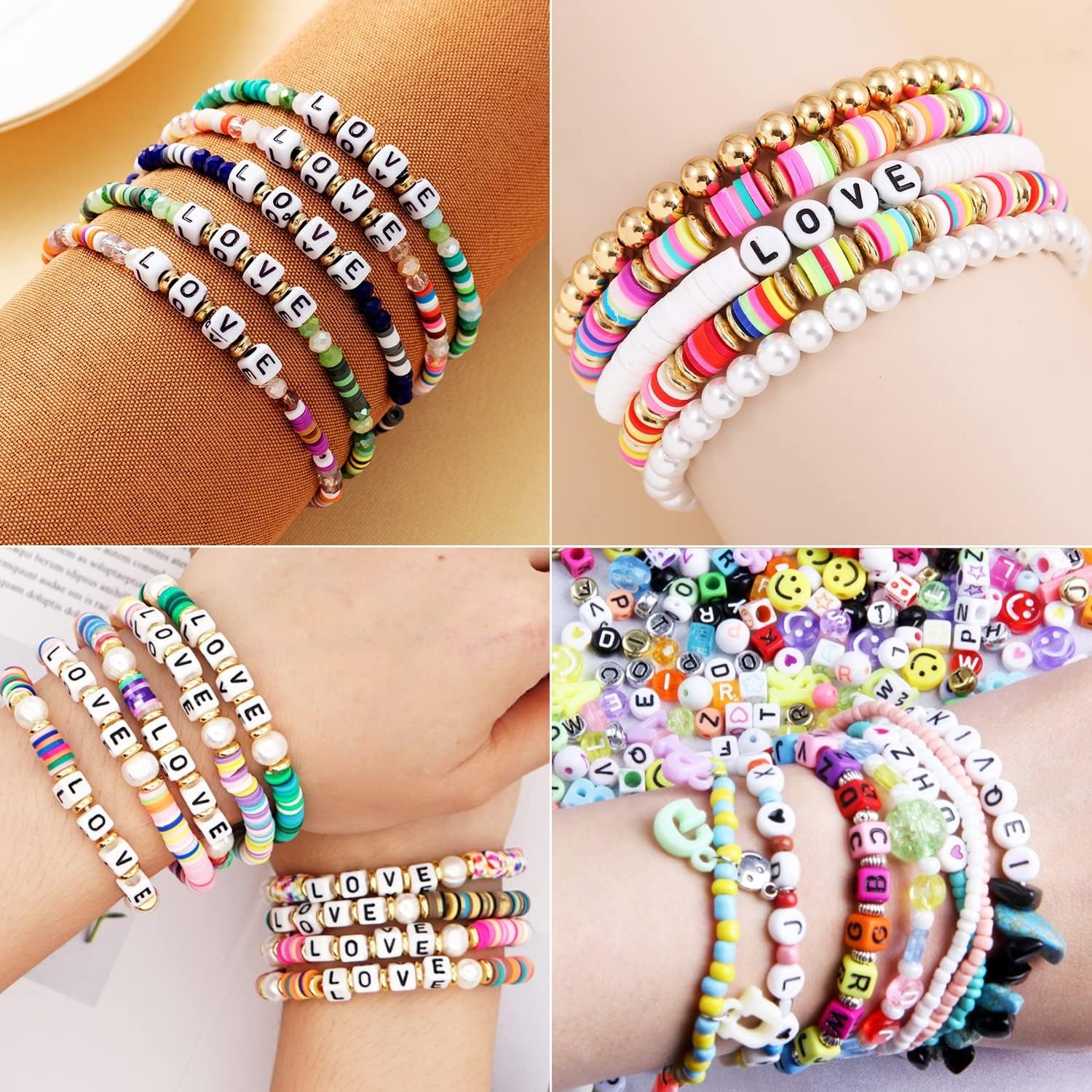 7 Style Letter Alphabet Beads for Bracelets Making, 1380 Pcs Colorful Square round Letter Beads Kit for Jewelry Making, Letter Beads Bulk with Crystal Elastic String