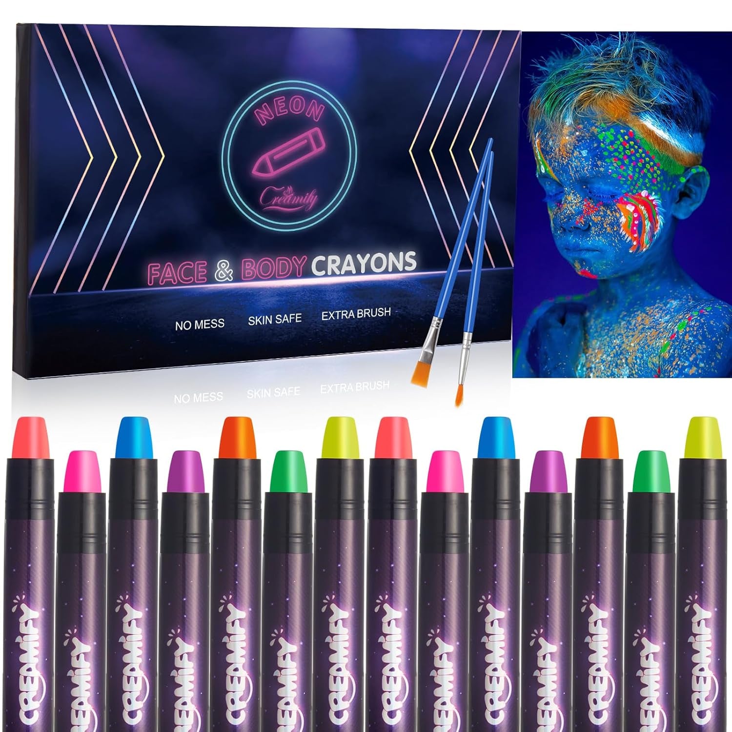 14 Pcs Glow in the Dark Face Paint,  Black Light Neon Face &amp; Body Paint, Halloween Masquerade Makeup Sticks, Fluorescent Crayons Kit for Kids