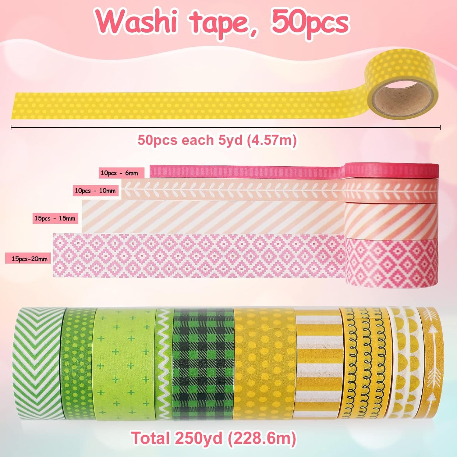 50 Rolls Washi Tape Set, Decorative Adhesive Tape for Scrapbook, Arts &amp; Crafts, Journals, and Planners, Each Rolls 5Yd Total 250Yd (Pink)