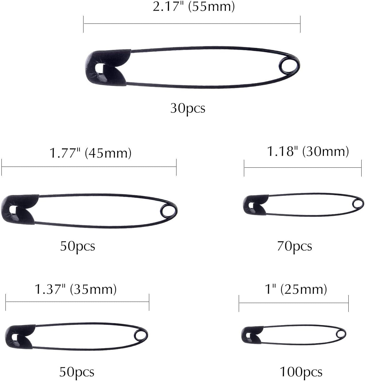 5 Sizes Black Safety Pins Assorted 25-55Mm Small and Large Safety Pins for Art Craft Sewing Jewelry Making in a PP Box (300 Pcs)
