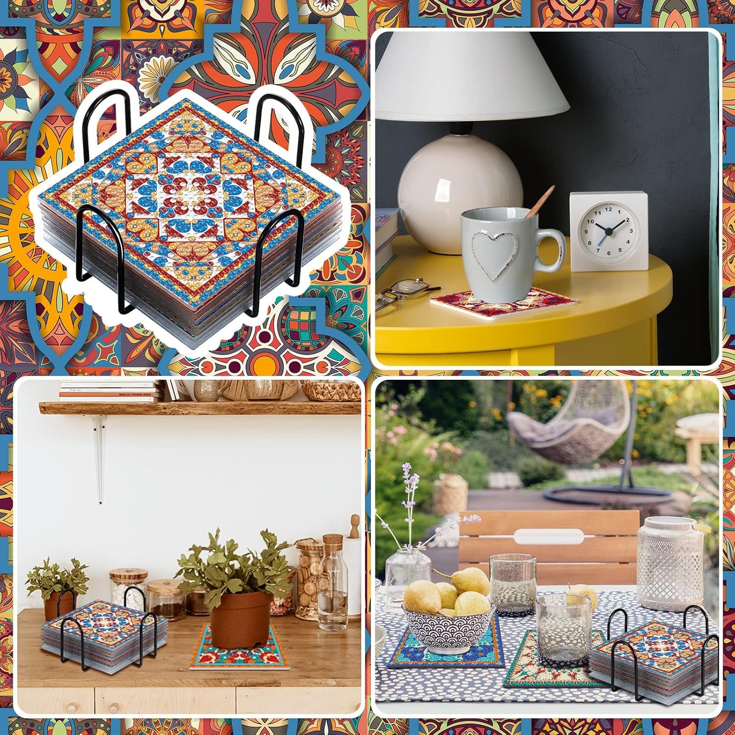 8 Pcs Diamond Coasters Diamond Painting Coasters DIY Mandala Coasters with Holder Square Boho Paisley Diamond Art Coasters 5D Diamond Painting Kits for Beginners Adults Kids Craft